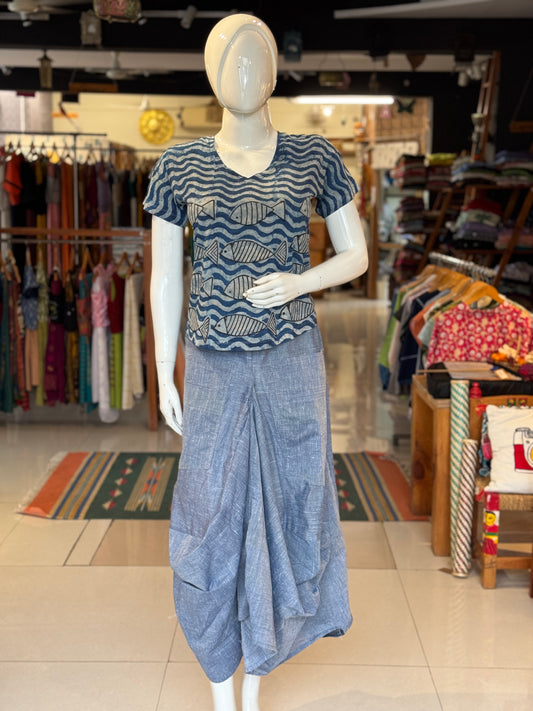 Blue chambray yarn dyed hand woven cotton designer skirt - with pockets