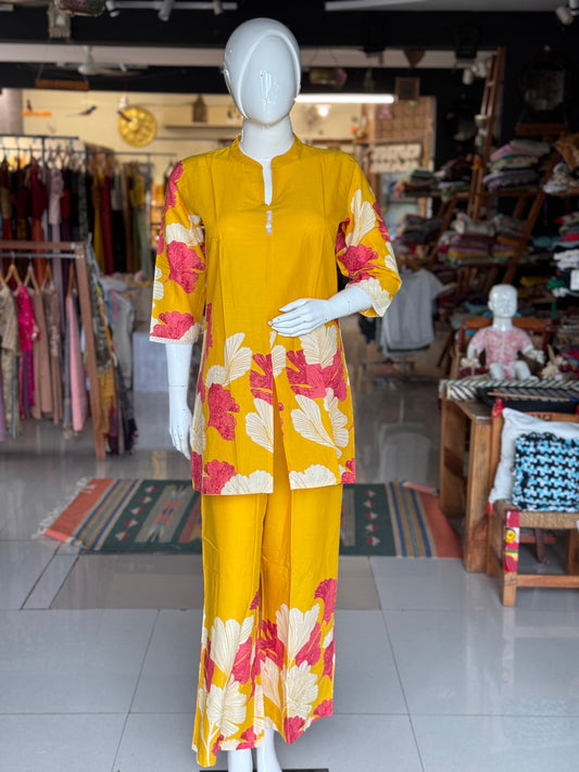 Yellow with pink floral print band collared cotton top with long sleeves and pants - coord set