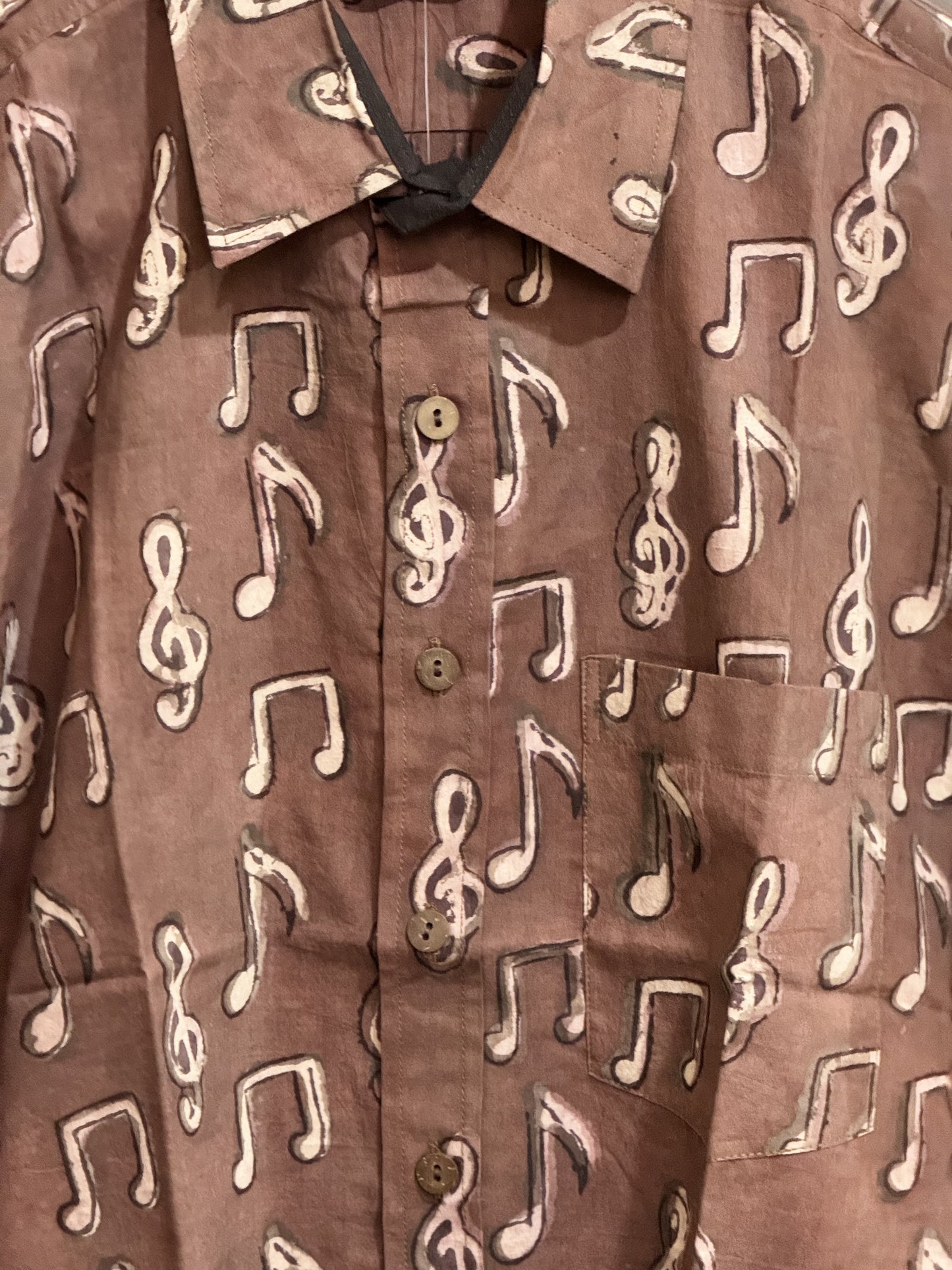 Light brown musical notes print half sleeves mens natural dye, hand block printed cotton shirt