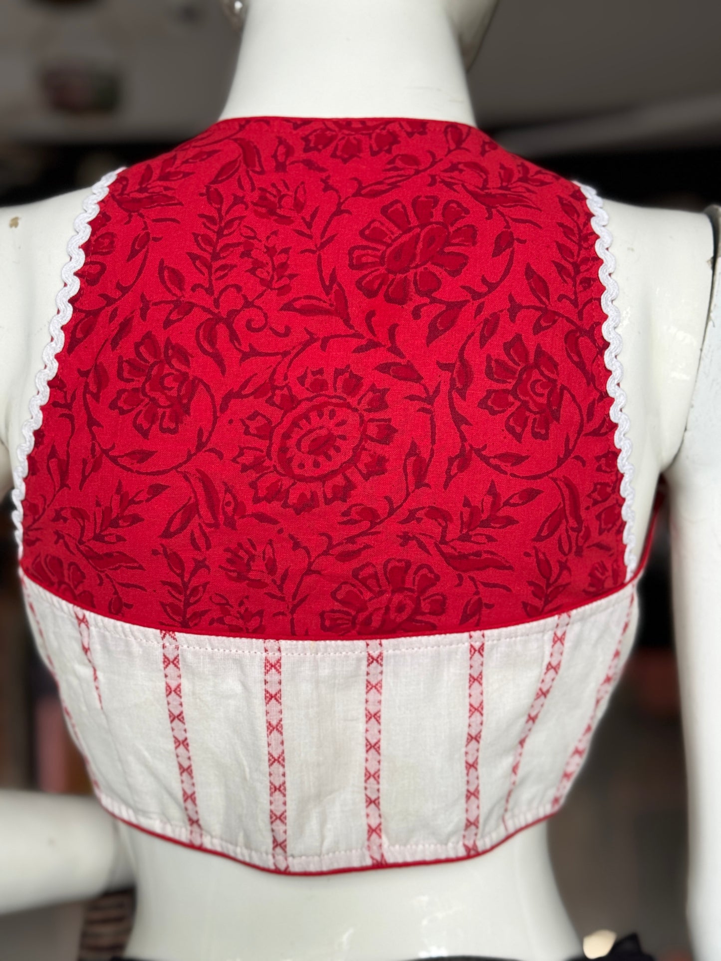 White n red racer back style cotton blouse with lace trims
