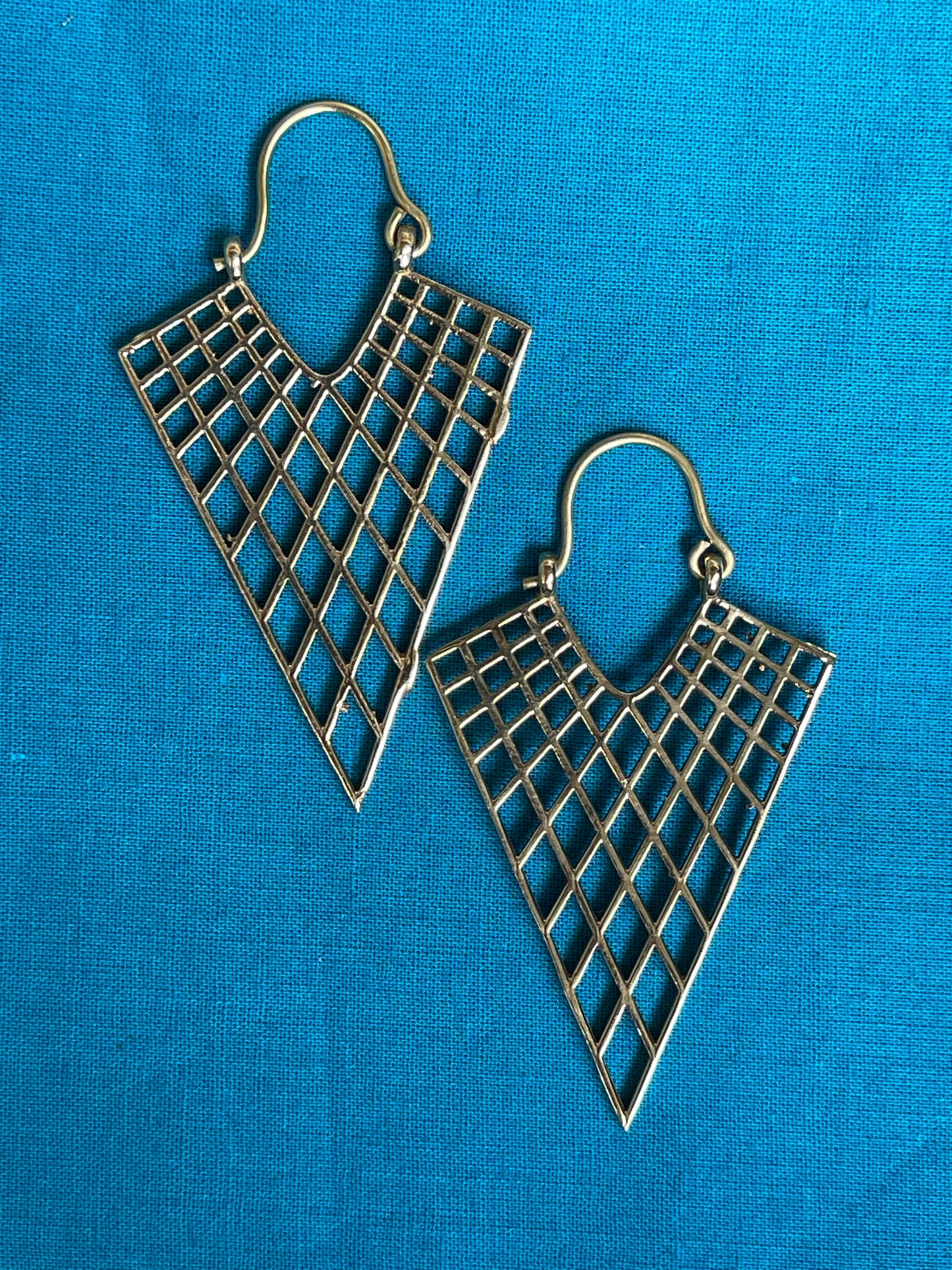 Ice cream cone with diamond shaped design - brass hoops earrings