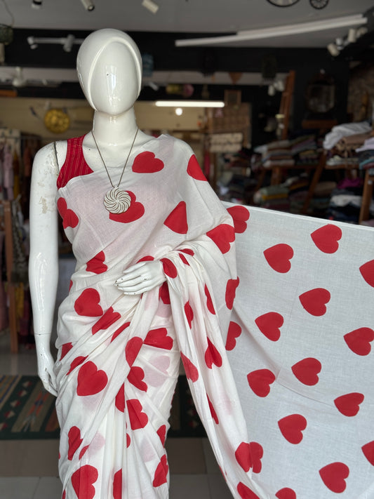 Flying hearts - red on white hand block printed soft cotton yardage saree