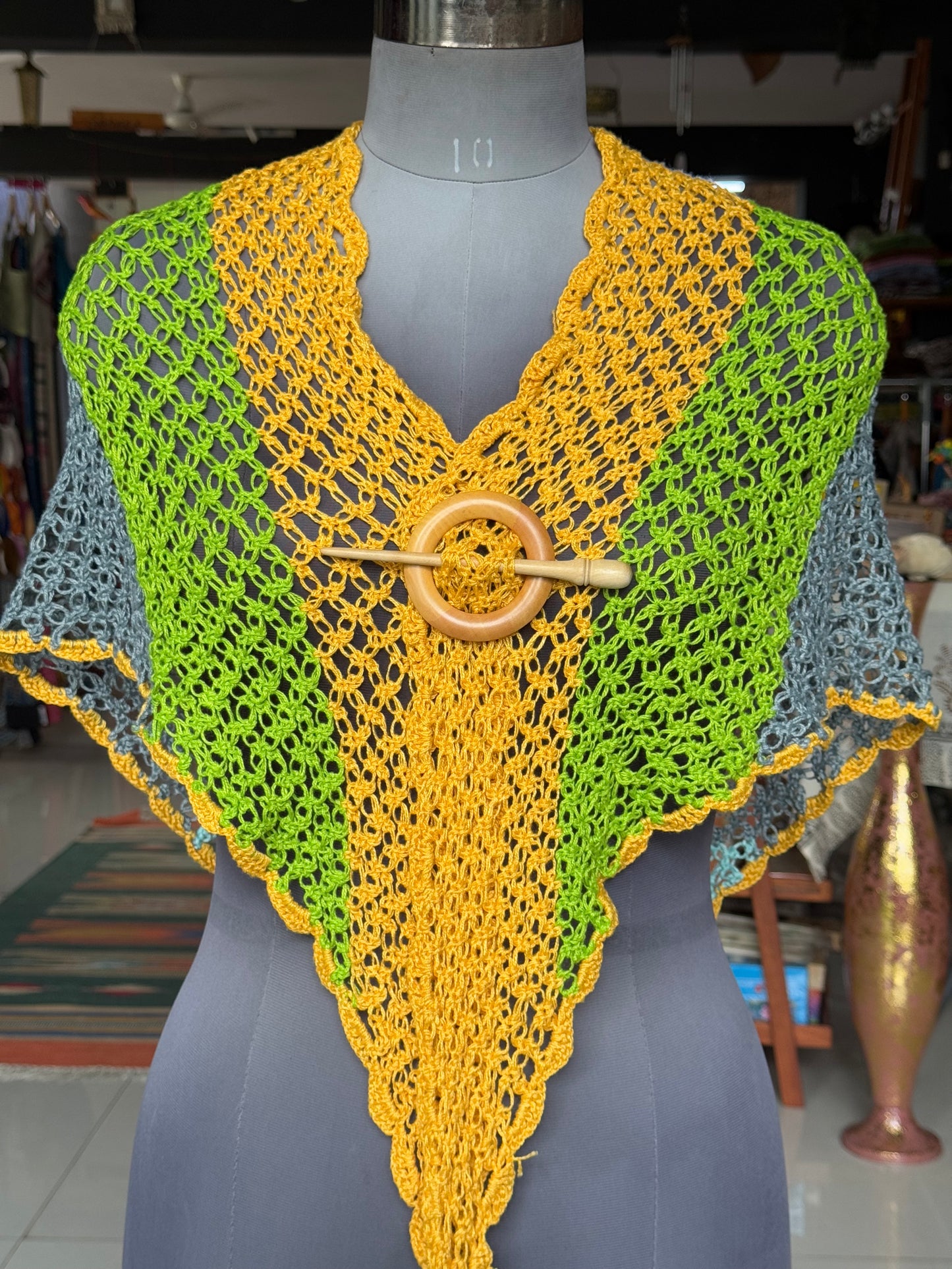 Hand crocheted colorful soft cotton yarn triangular scarf with tassles