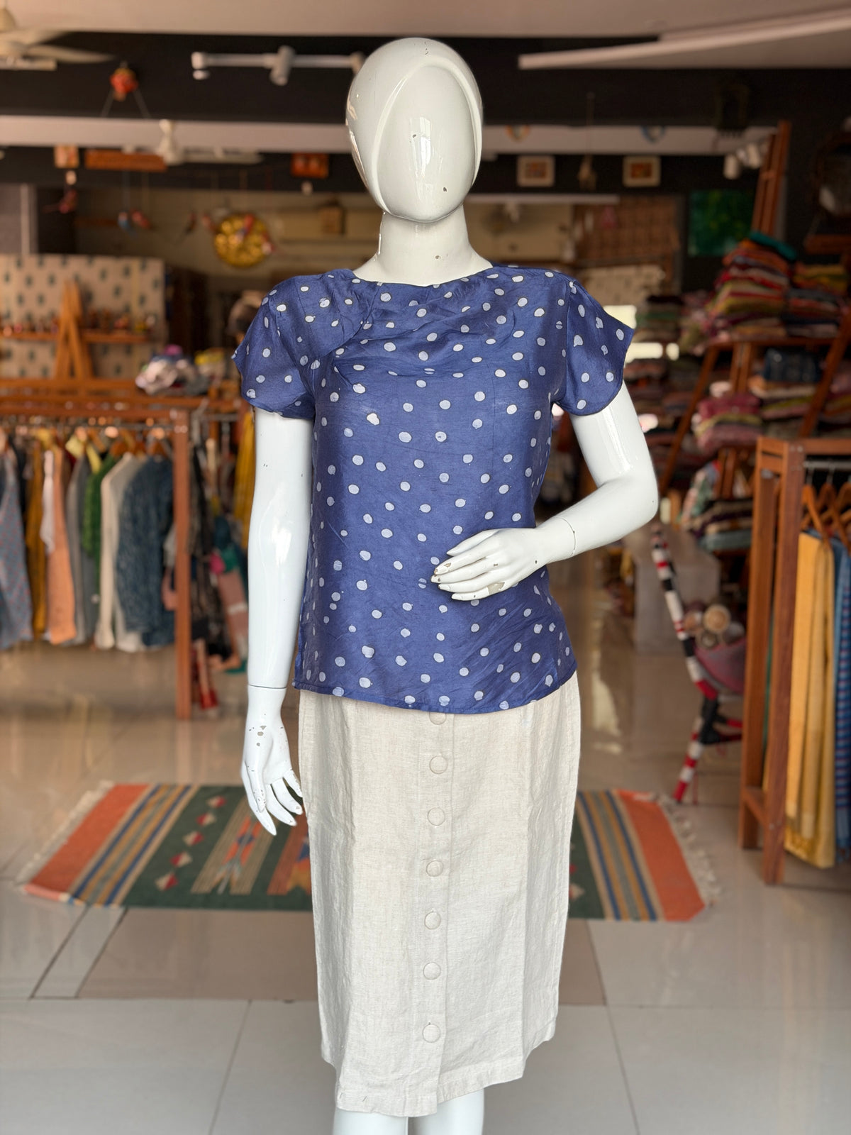 Blue polka hand batik printed top