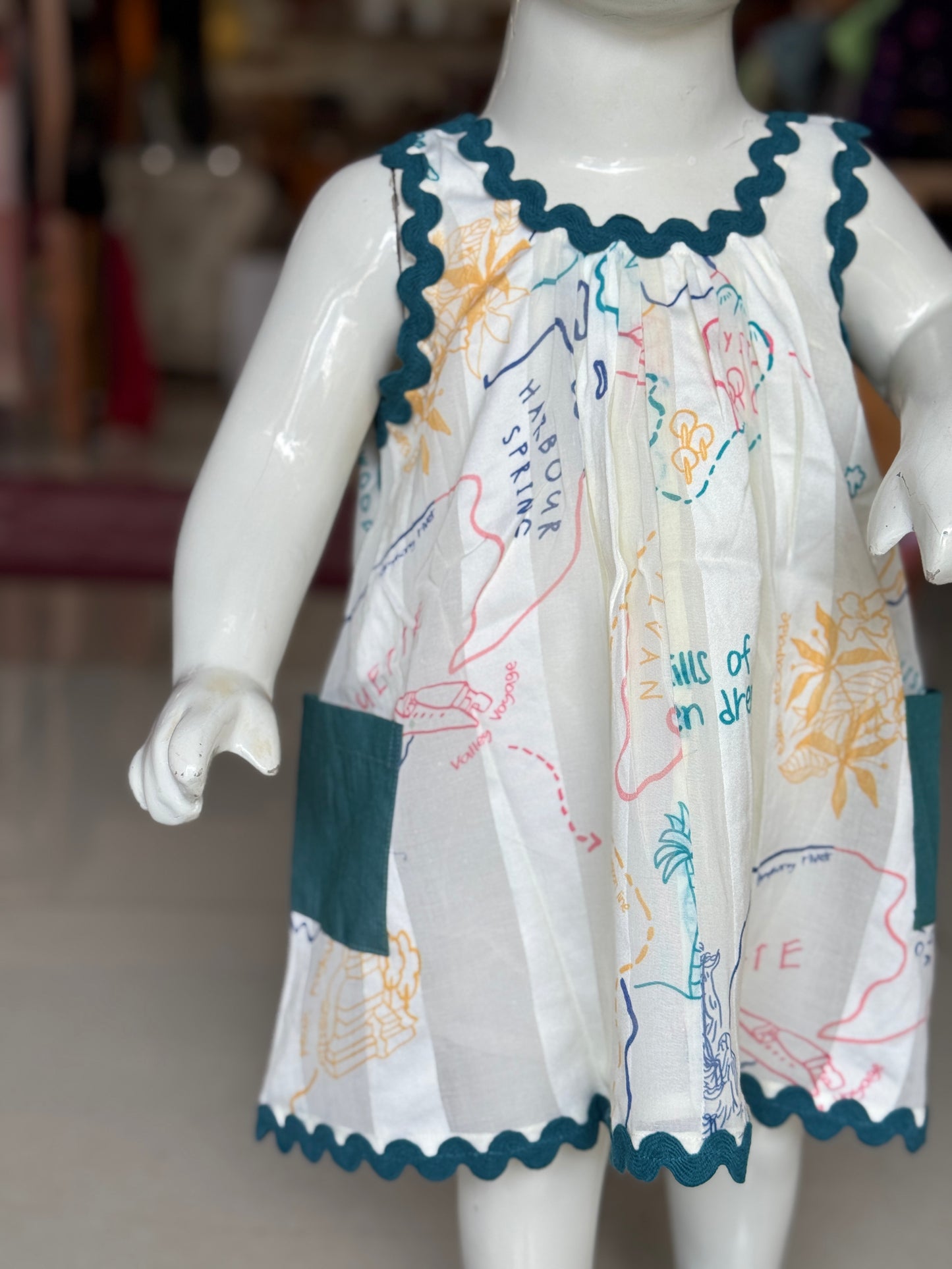 Off white soft cotton stripes frock with travel theme digital print