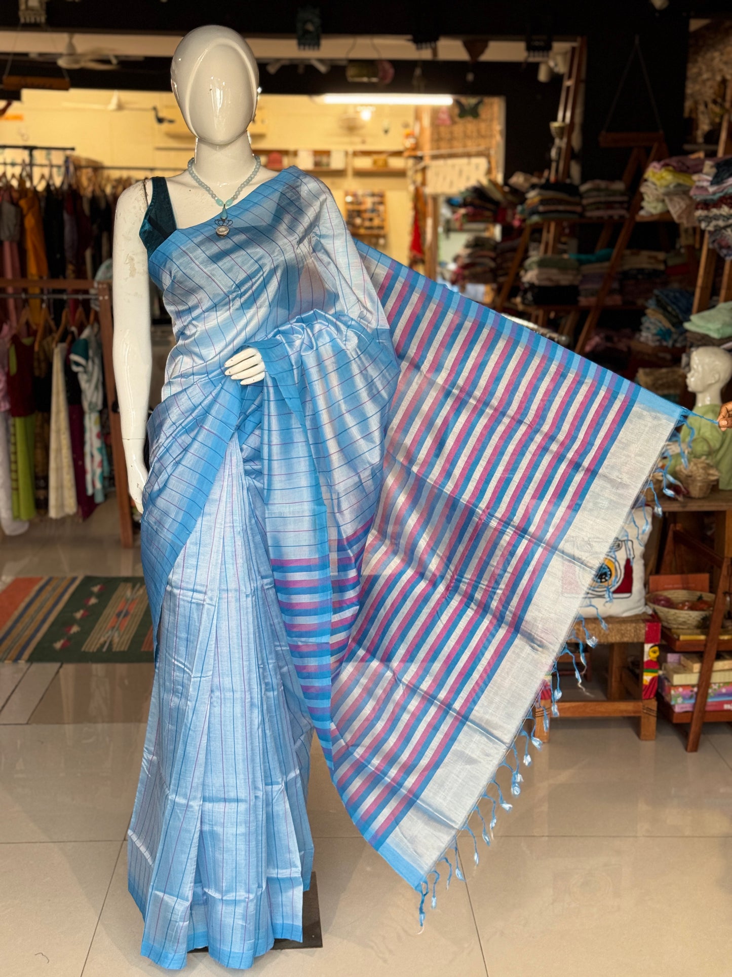 Blue stripes Mangalagiri handloom saree with contrast blouse