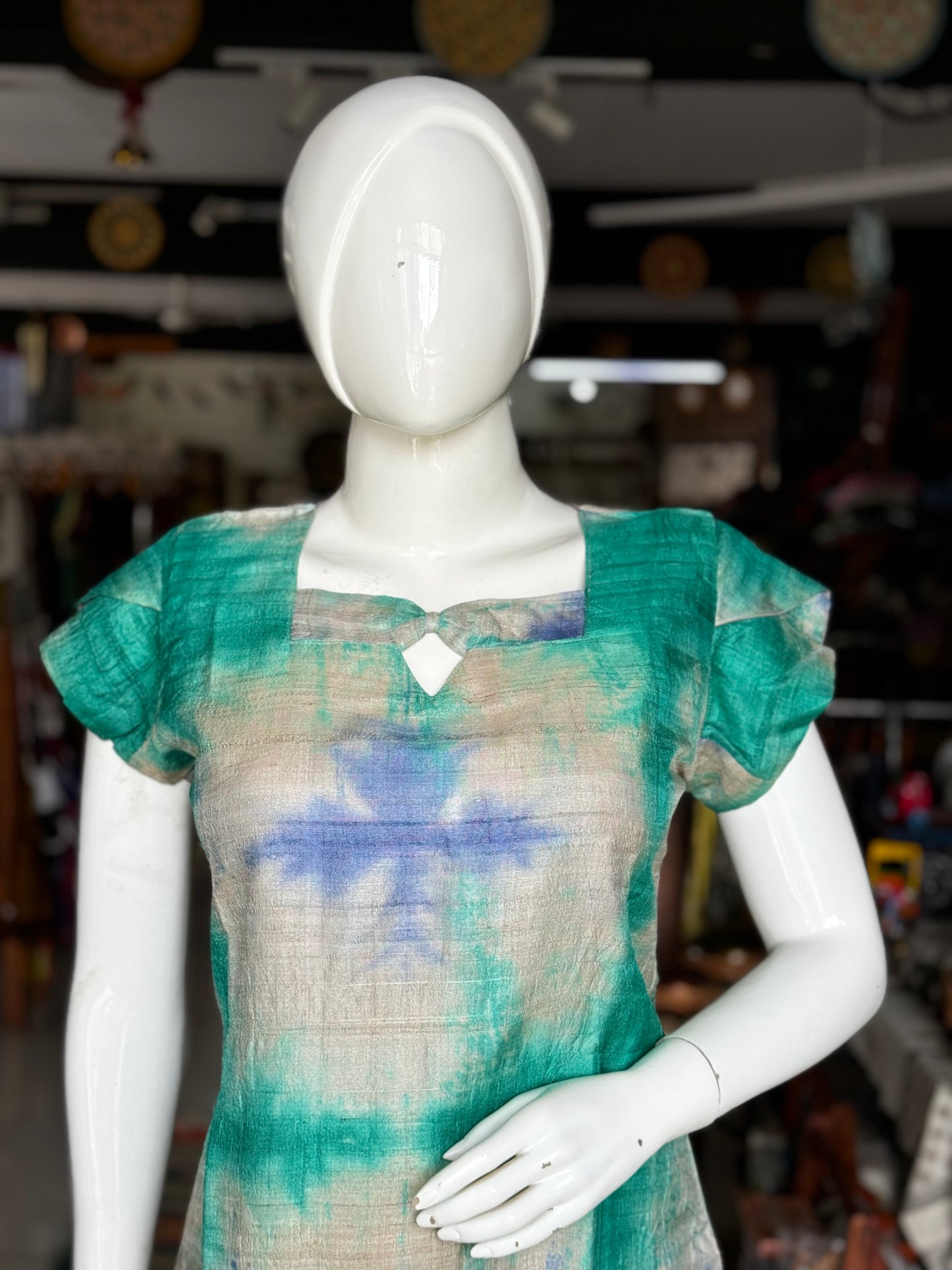 Green and blue clamp dyed handwoven tussar silk straight cuts kurta with petal sleeves and neck detailing