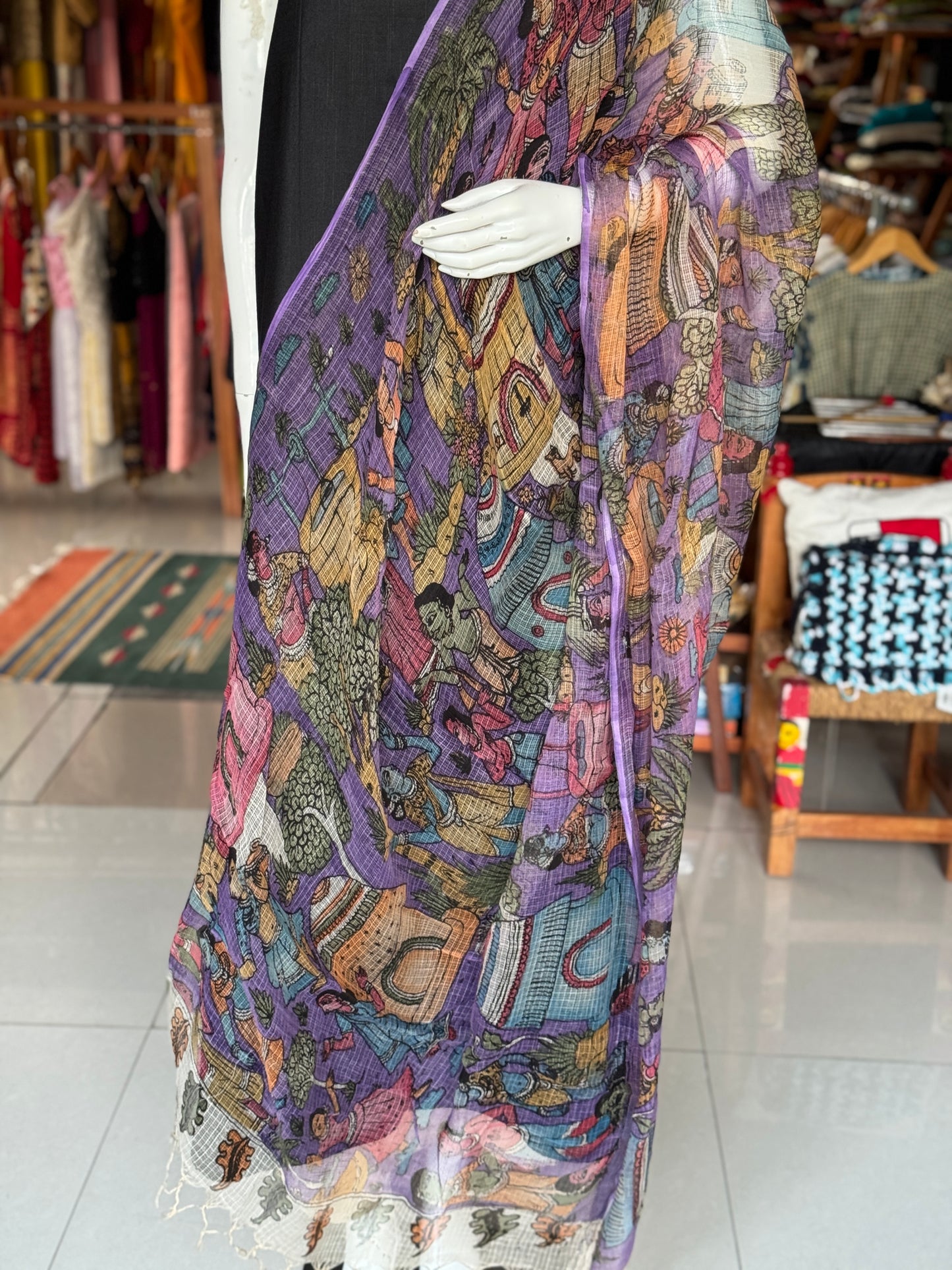 Lavender kota cotton dupatta with Pen Kalamkari hand painted design