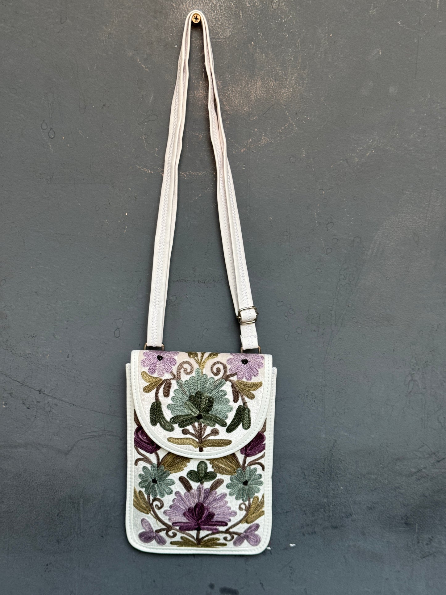 Mobile phone sling pouch - Kashmiri floral Aari embroidered with adjustable length strap and zippered back pocket - colors available