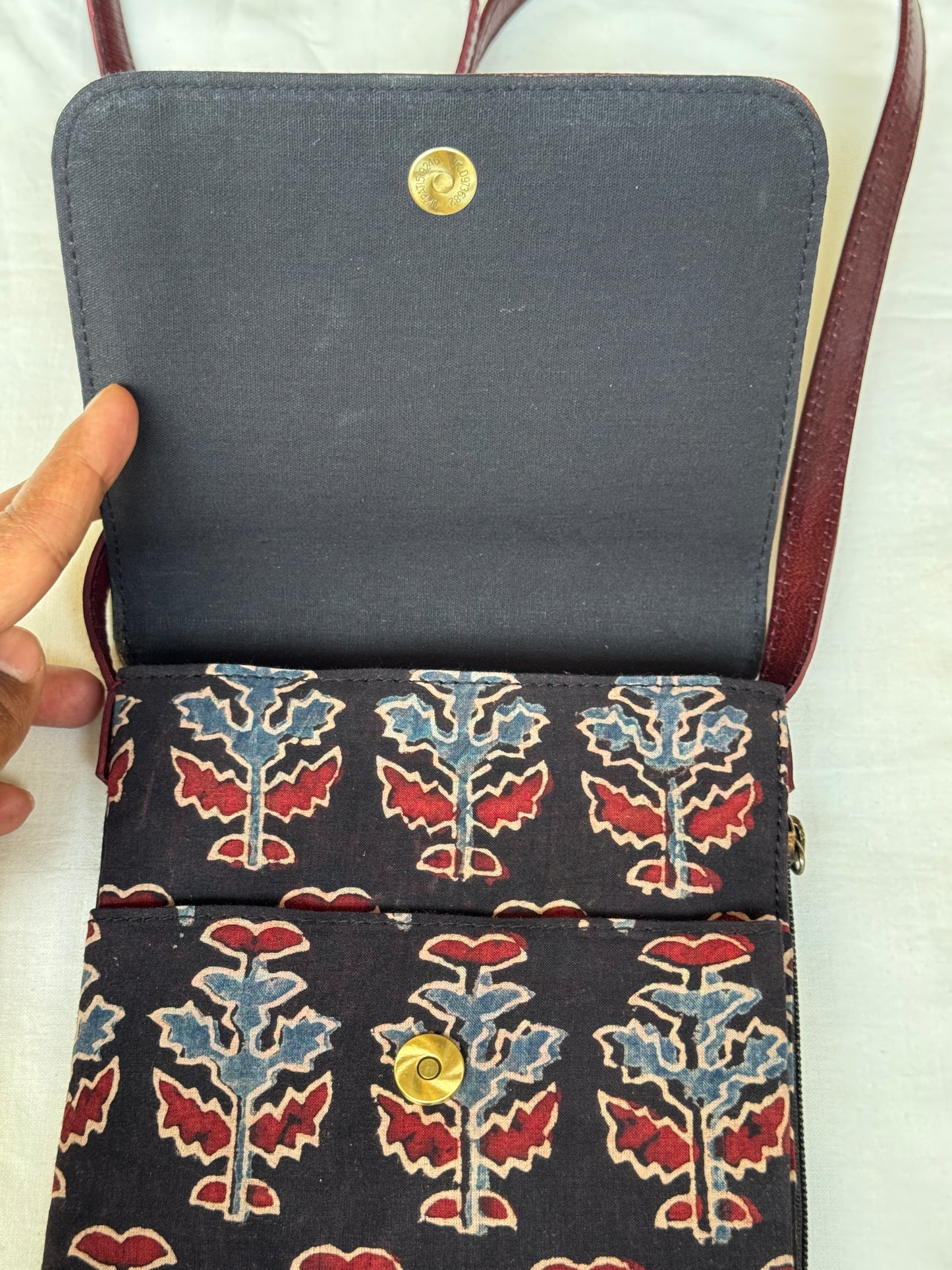 Mobile phone fabric sling with embossed leather flap - carry your essentials