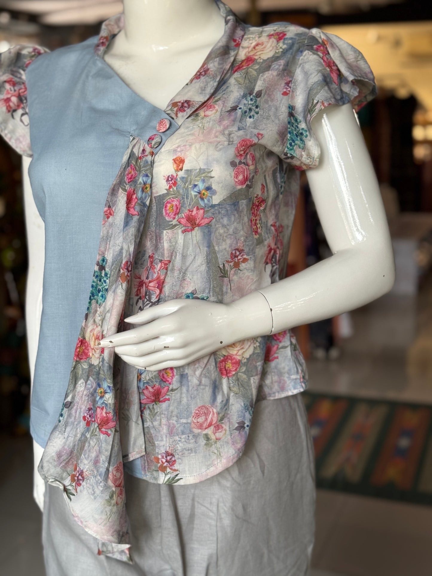 Light blue grey digital print floral half n half top