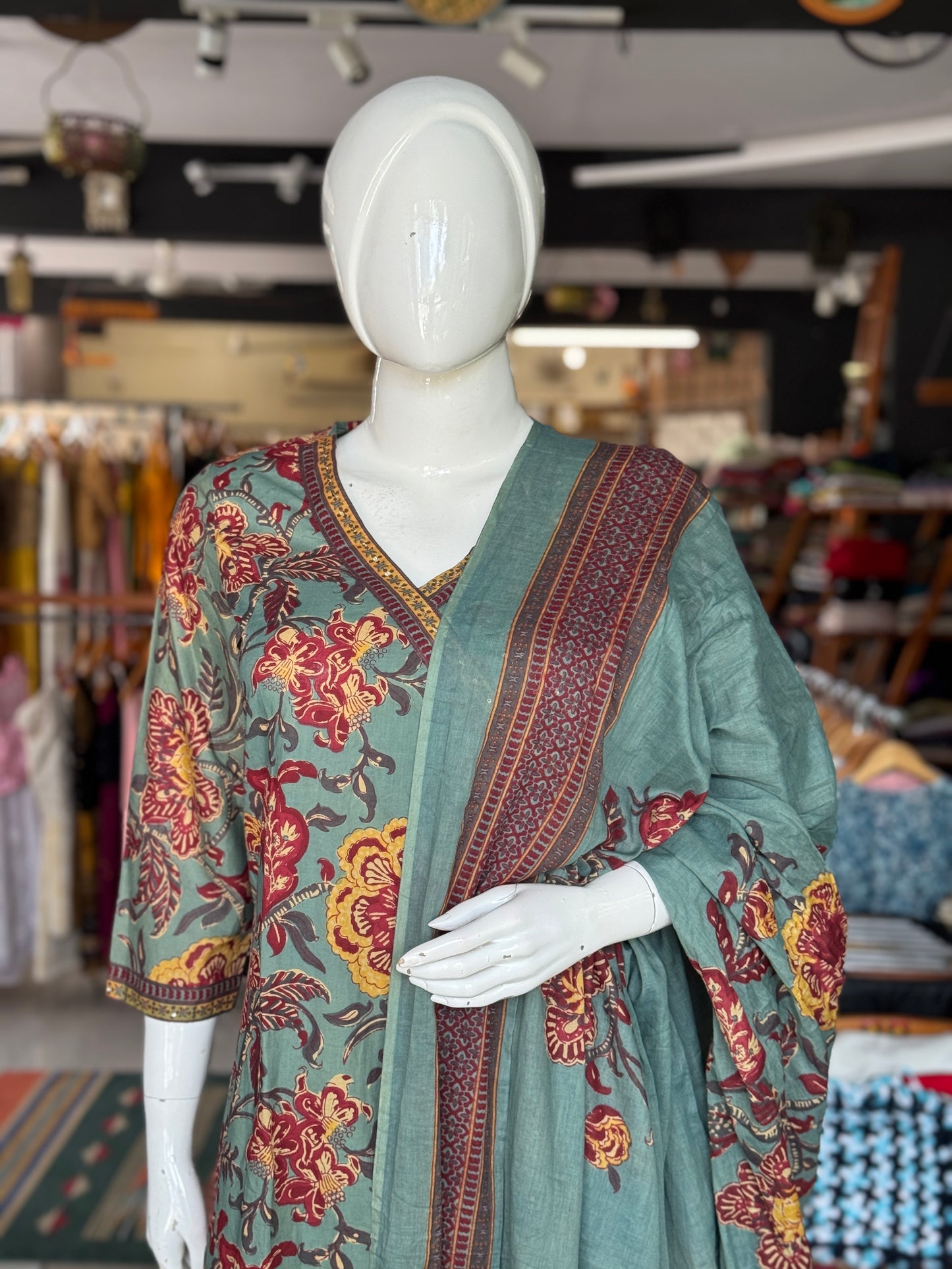 Teal green angrakha floral cotton embroidered straight kurti, pants and dupatta - 3 piece suit set