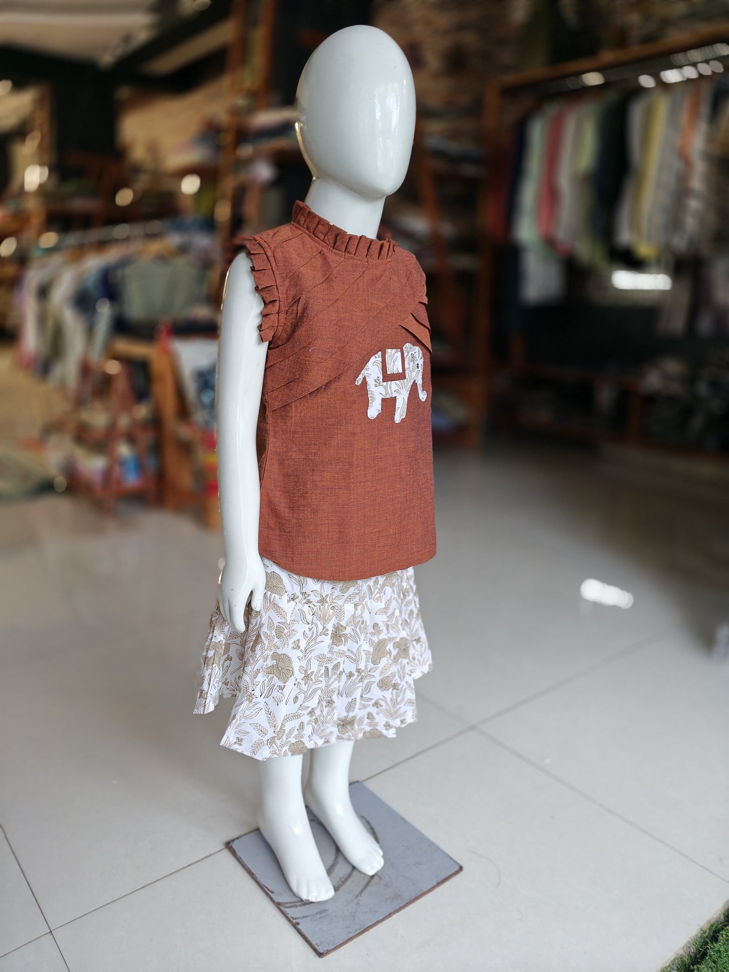 White n Brown hand block printed cotton skirt with inner shorts attached for little girls