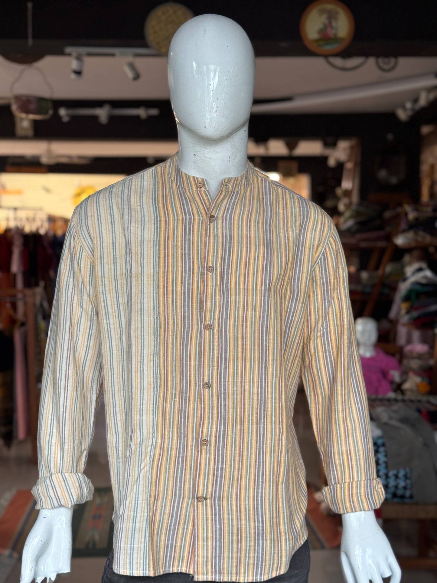Yellow stripes handwoven kala cotton full sleeves band collared shirt for men