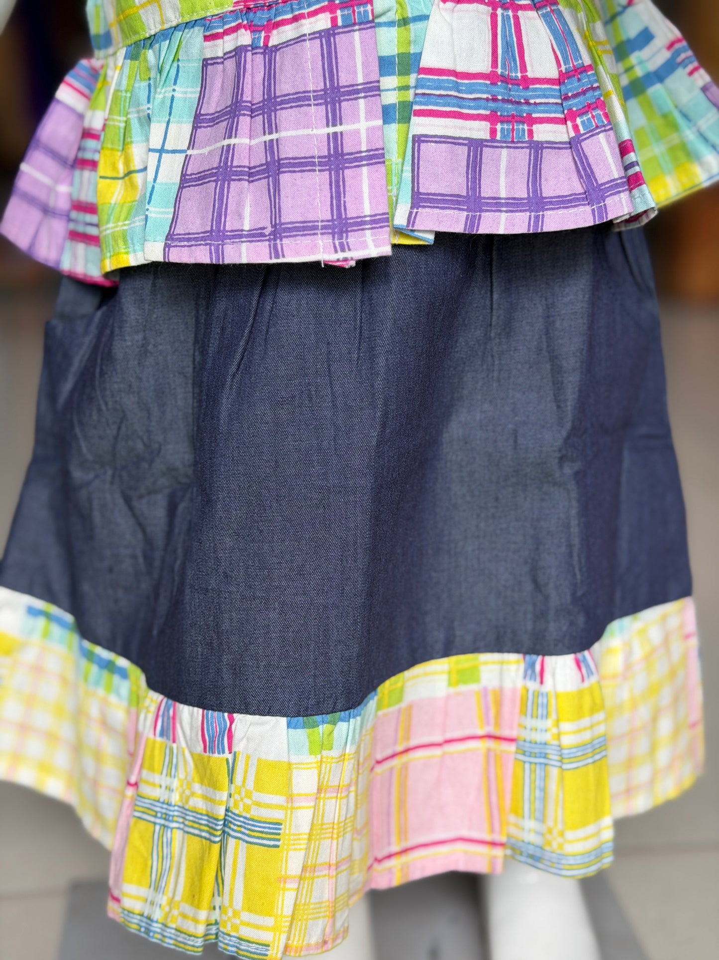 Colorful checks top and denim skirt coord set for little girls