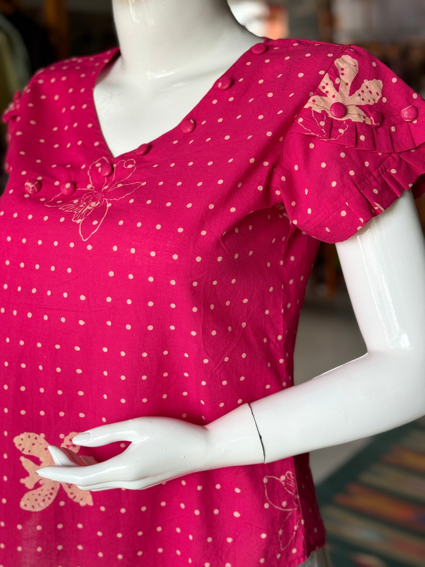 Bright pink polka dots hand block printed cotton top for women with buttons detailing