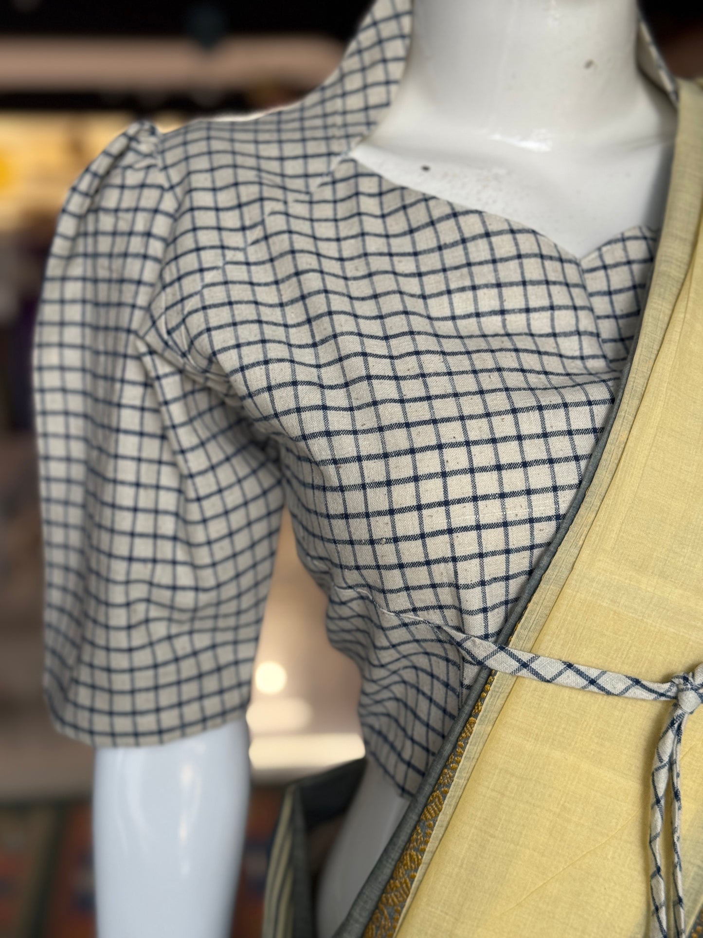 Off White n blue checks natural dyed, hand woven cotton blouse with standing collar, front tie and back hole