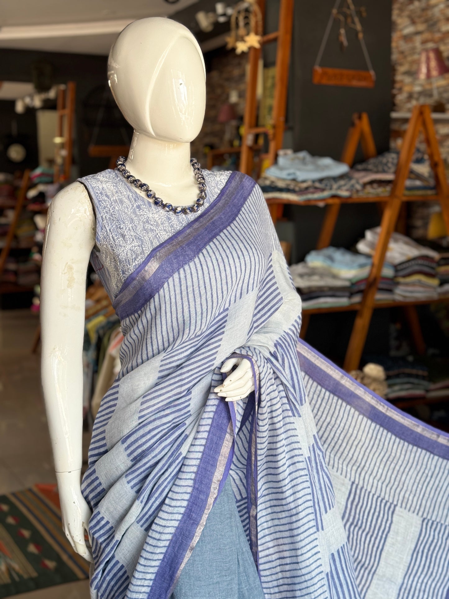 Blue stripes hand block printed linen saree
