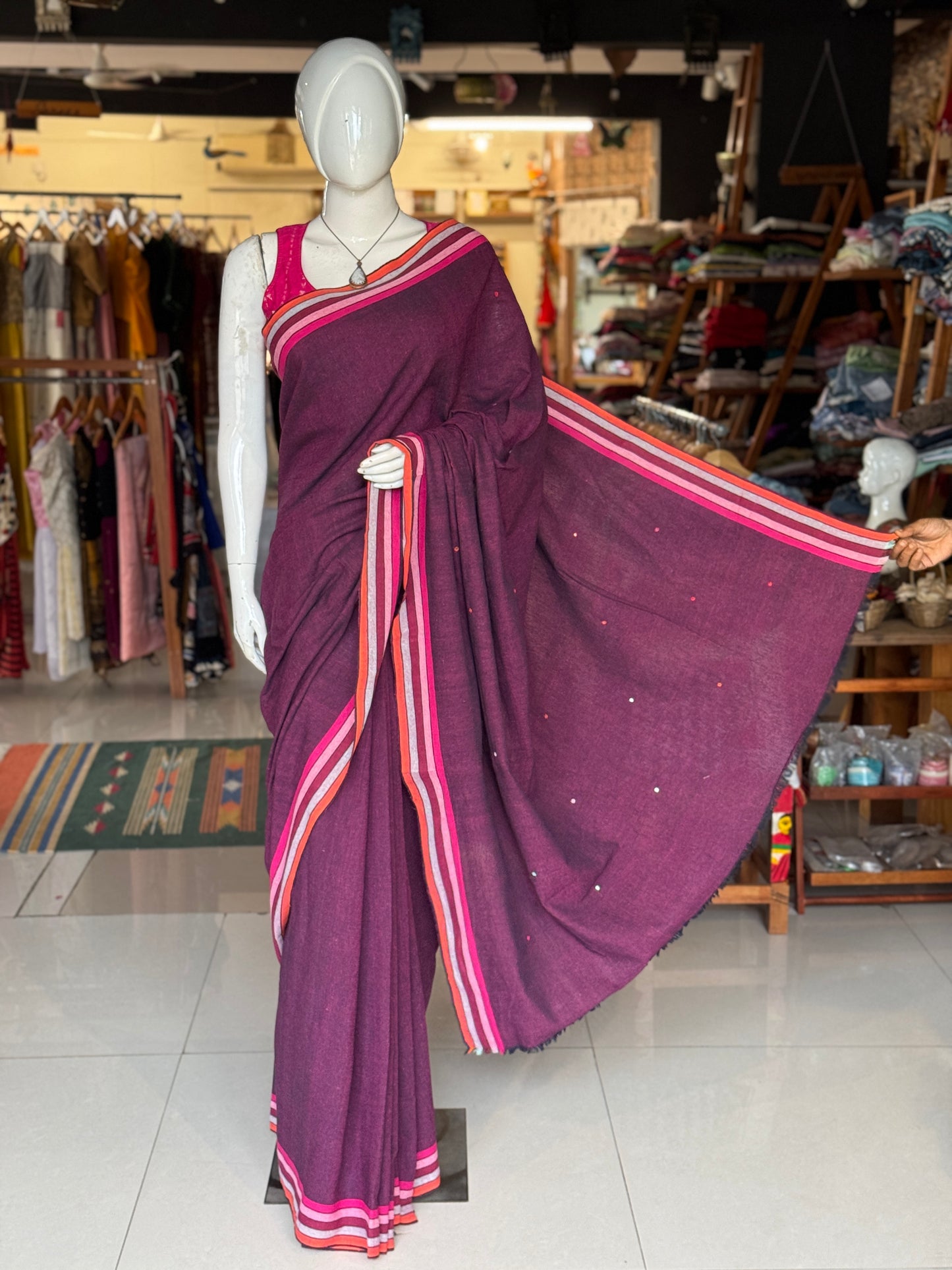 Kala cotton hand woven saree with mirror embroidery on palla and colorful borders - multiple shades available