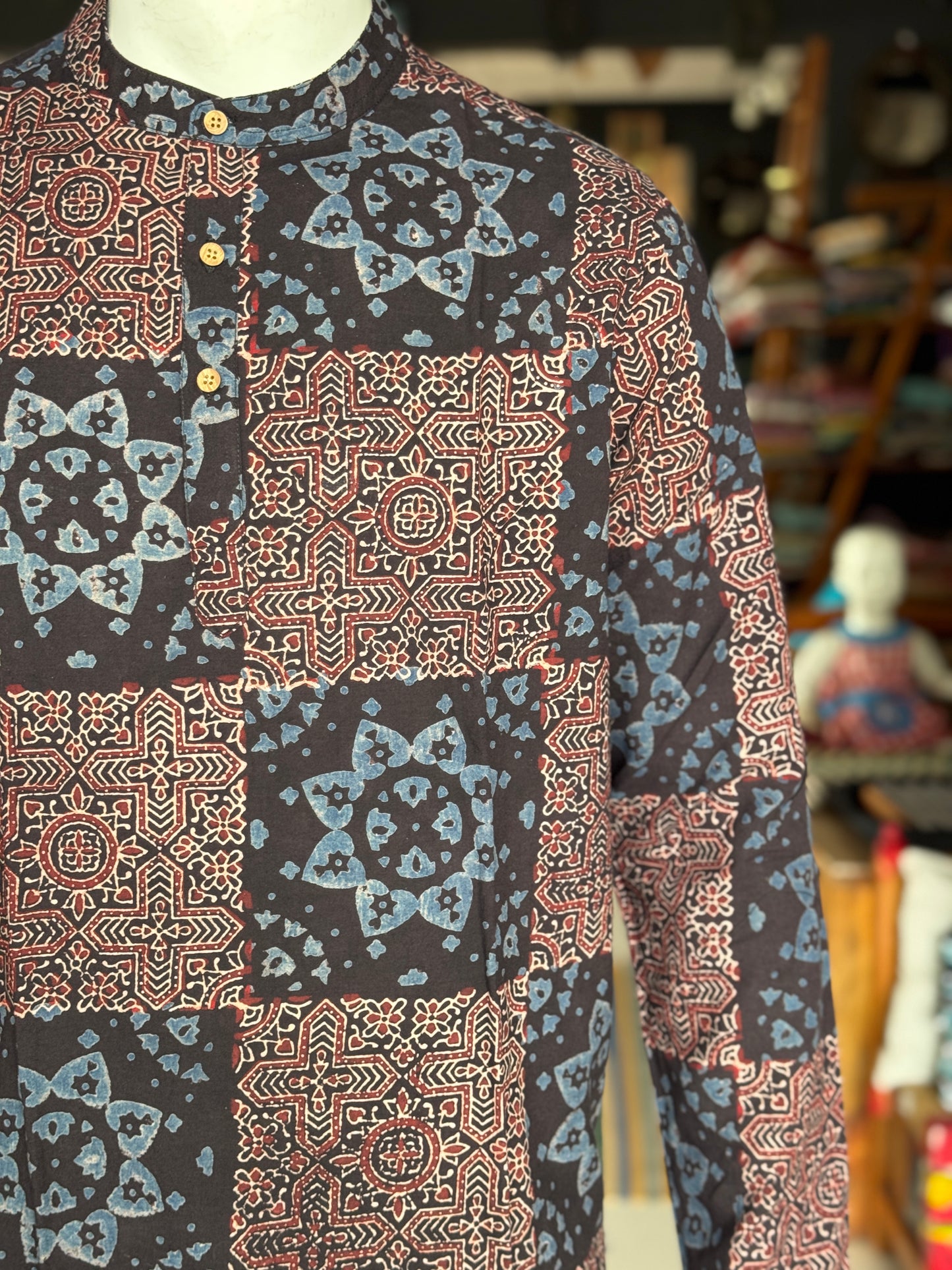 Ajrakh hand block printed cotton long kurta for men