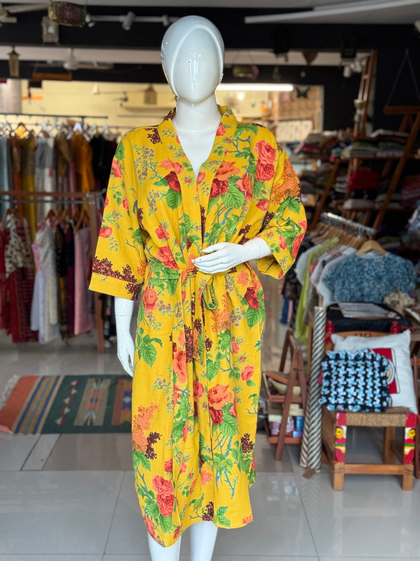 Hand block printed waffle cotton bath robe / swim suit cover up for adults - multiple designs