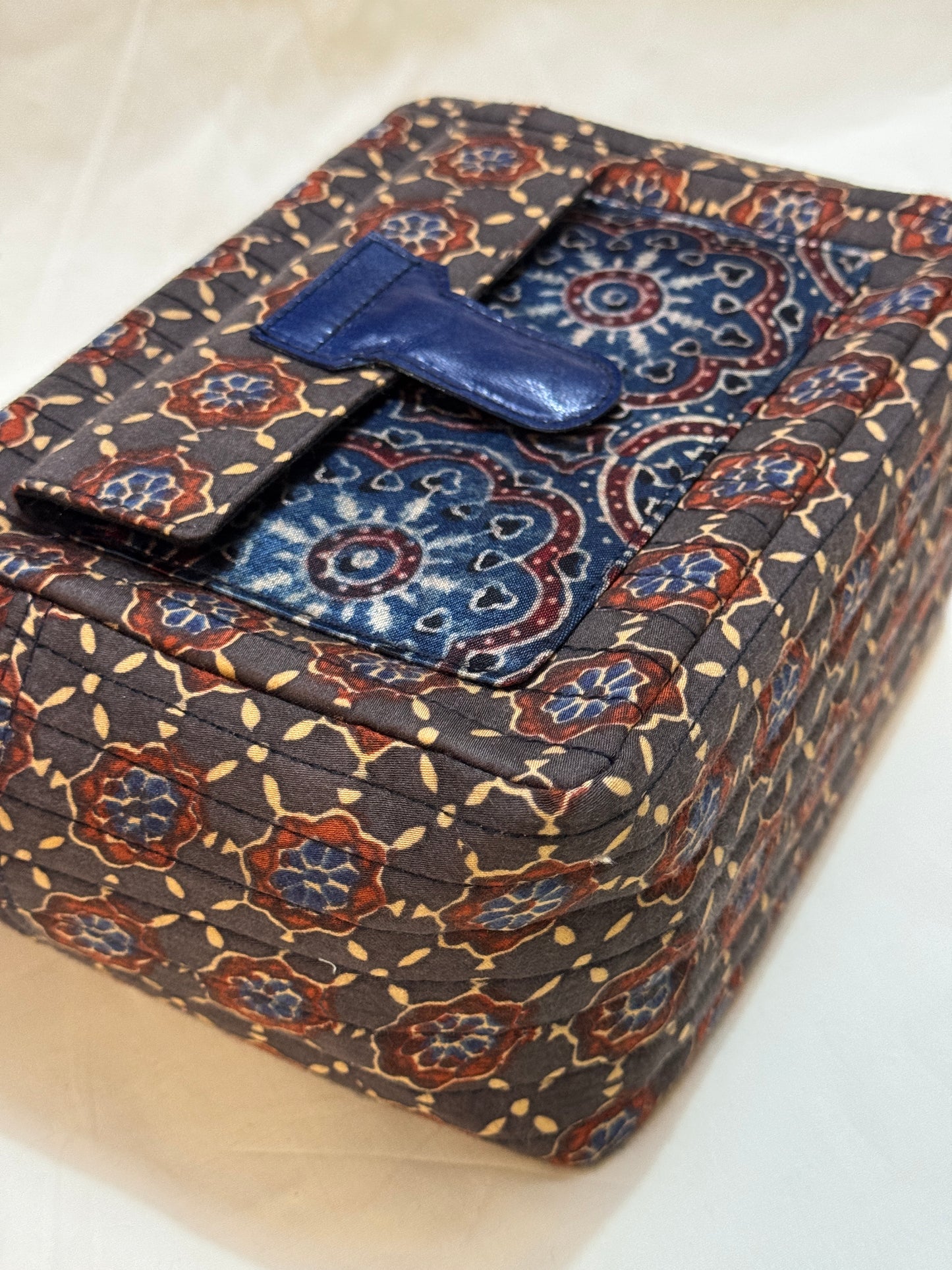 Handcrafted toiletries / travel pouch with leak proof plastic lining plus colorful front pocket with leather patch