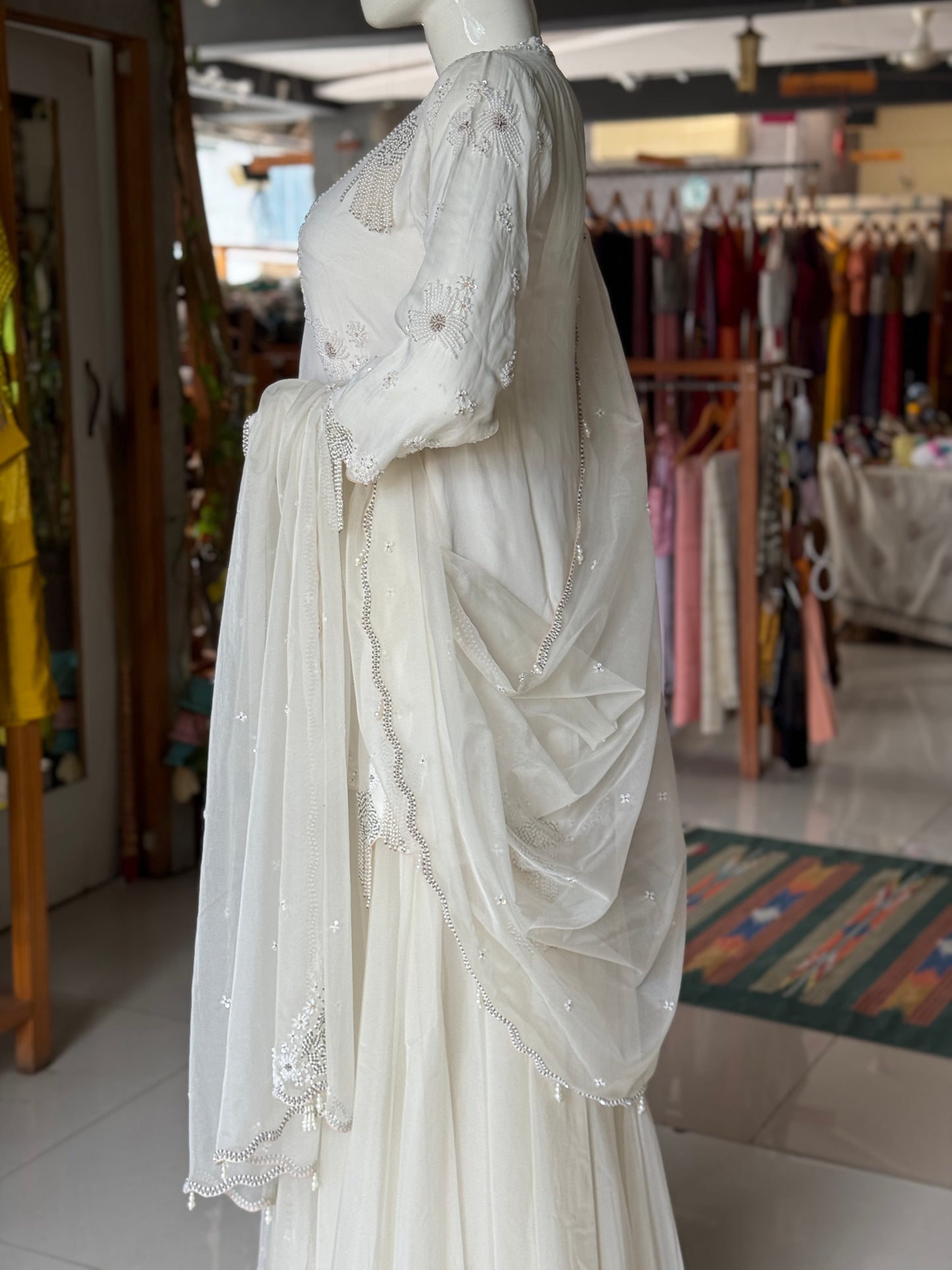 Off white splendor - Soft organza hand embroidered long sleeves kurti, skirt, dupatta and crepe bustier - 4 piece set