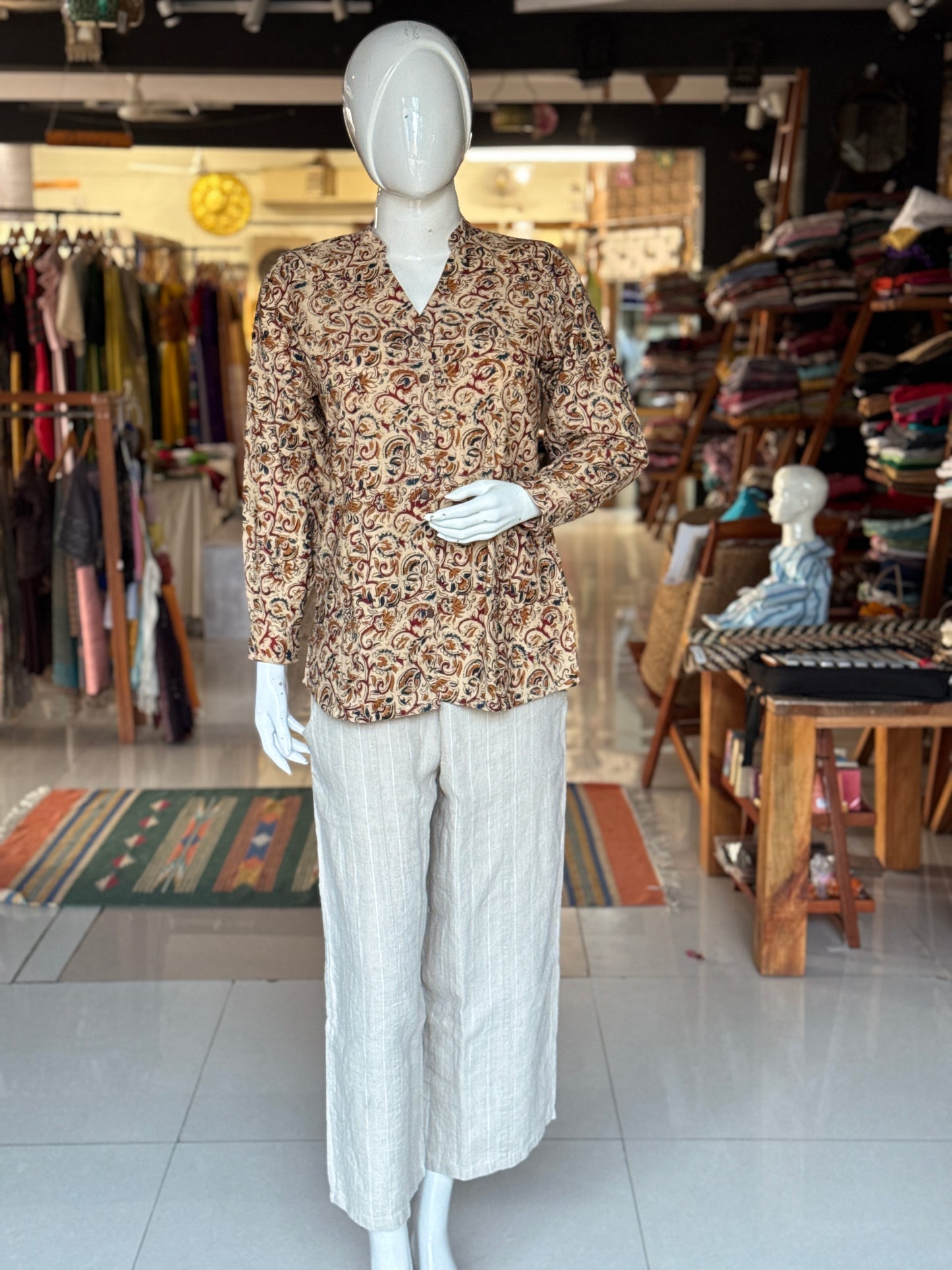 Beige Kalamkari Chinese collared top with V-neckline - hand block printed, Hand spun, hand woven cotton