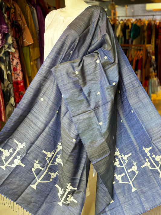 Birds on trees - hand woven pure tussar silk x mulberry silk dupatta with extra weft motifs
