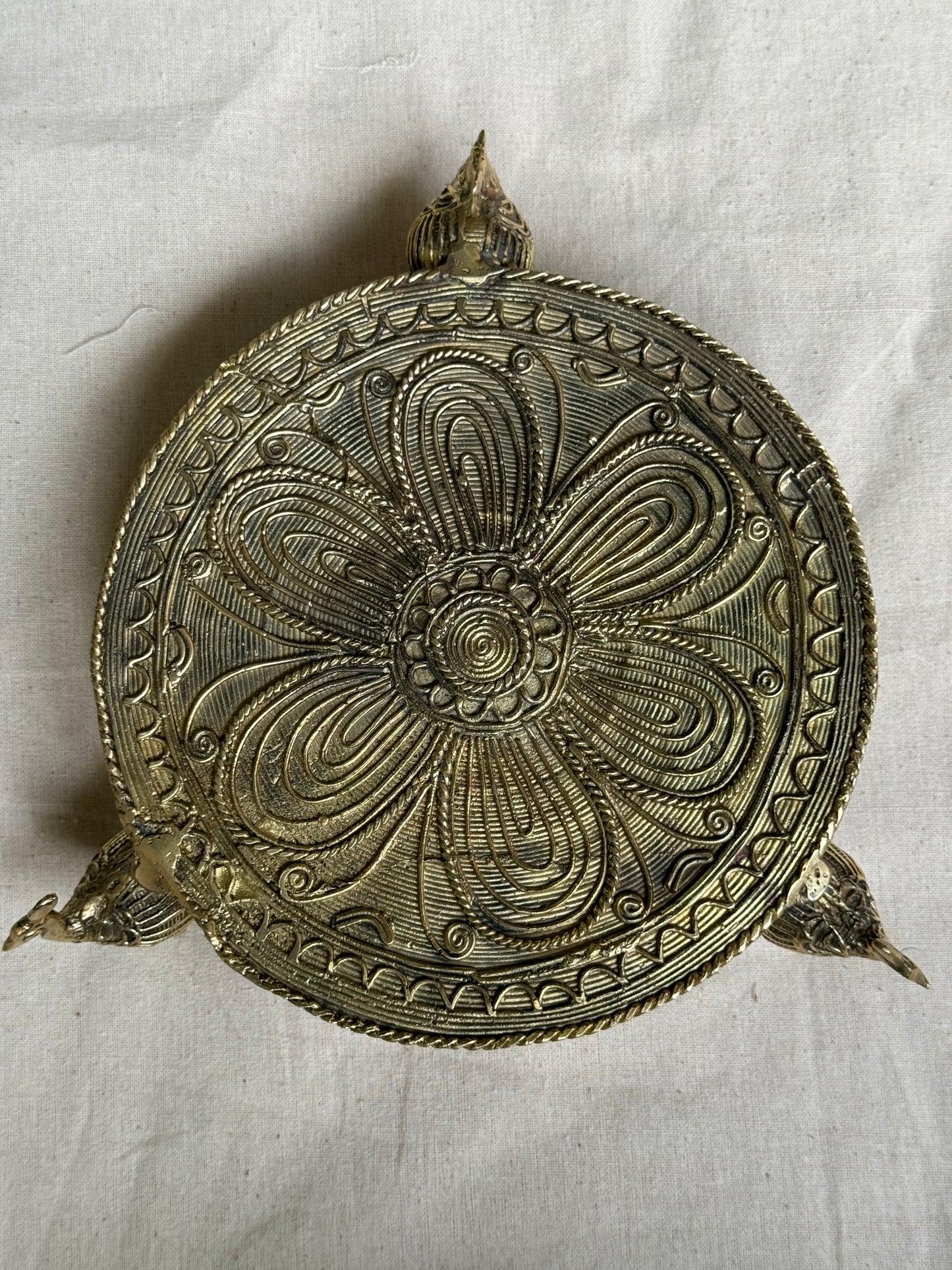 Brass tray / riser with peacock legs - dokra hand crafted decor