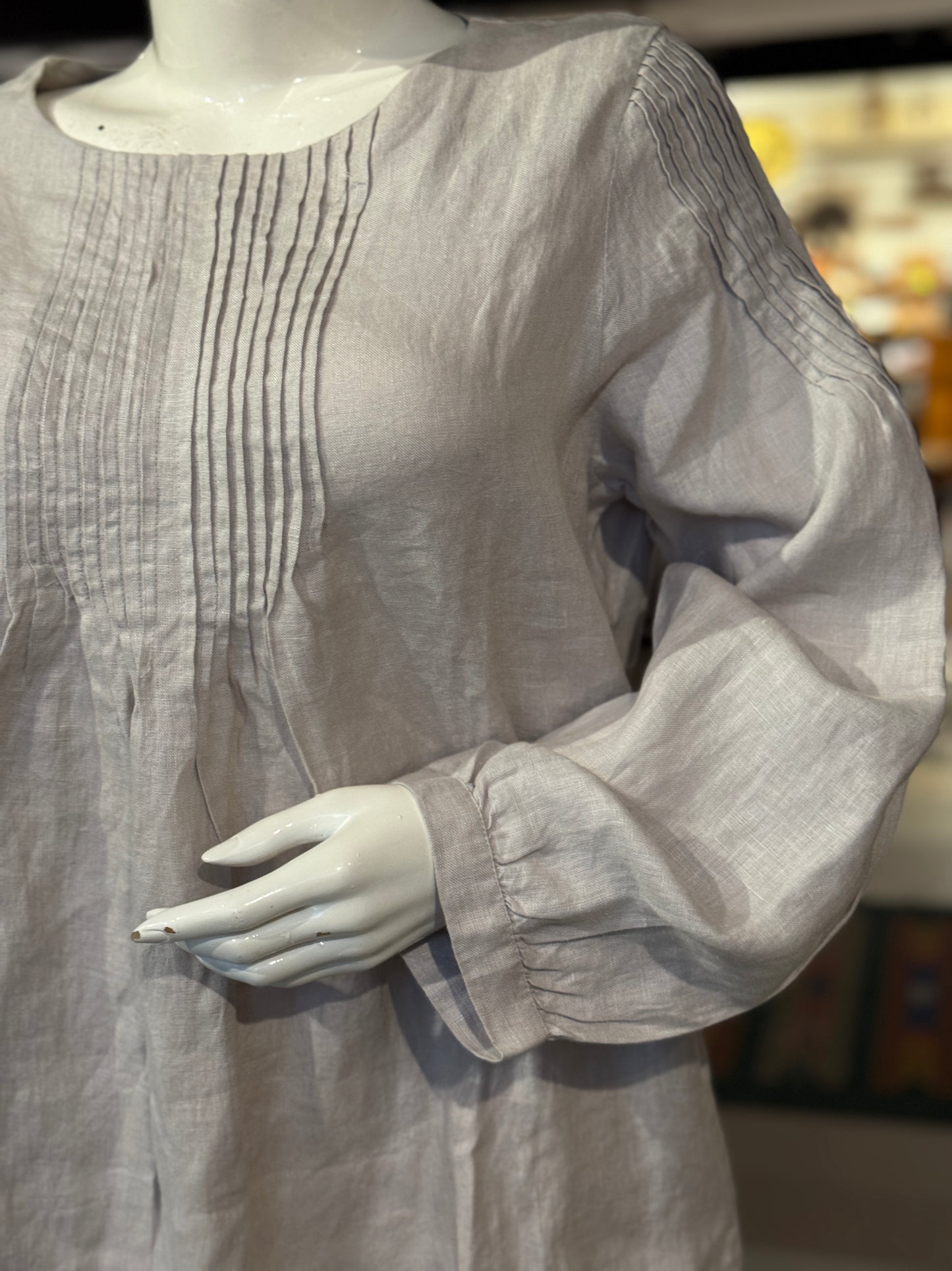 Light grey pin-tucks linen hand woven dress with long sleeves