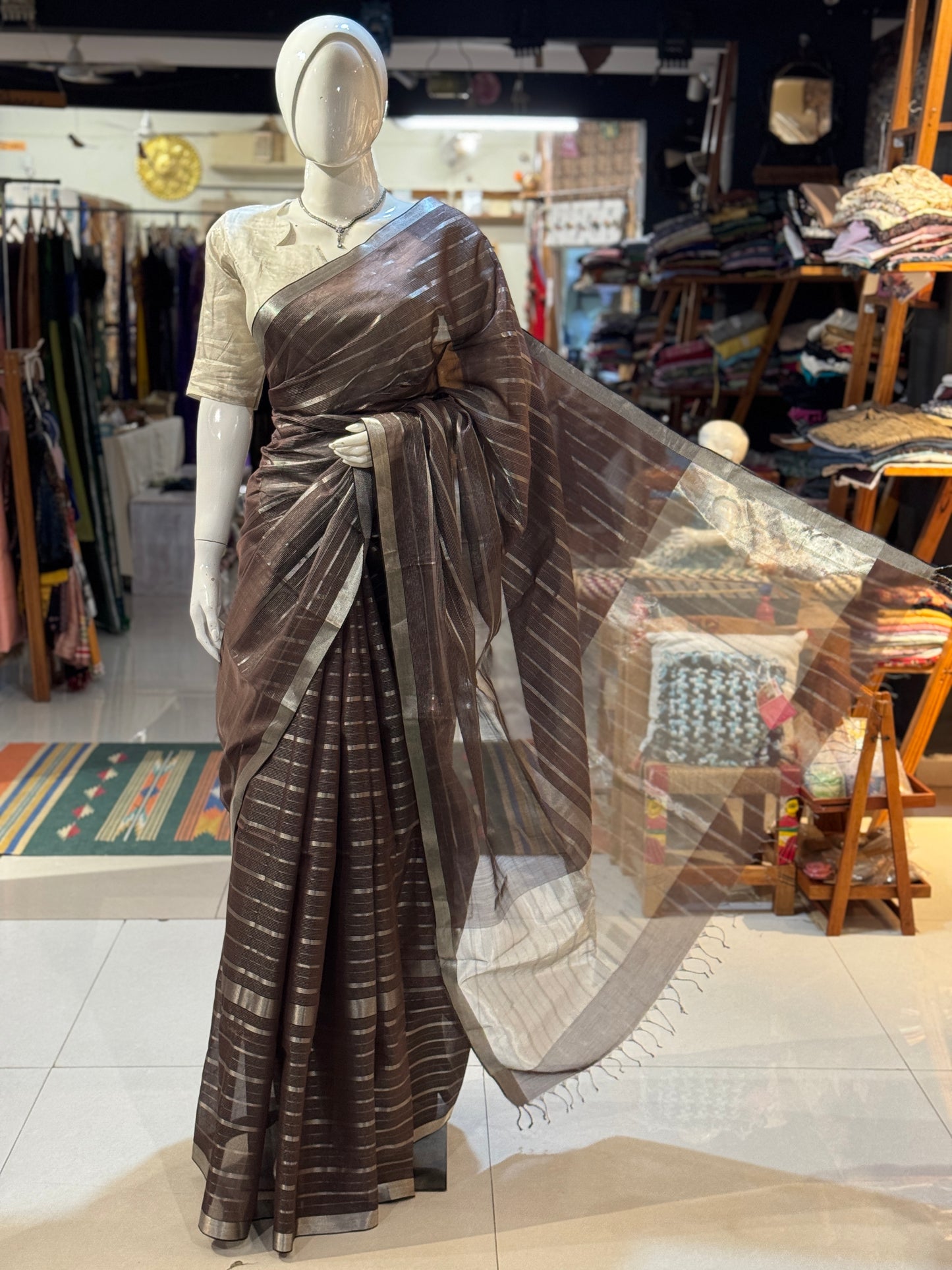 Brown silk cotton Maheshwari handloom saree with thin n thick silver zari stripes all over