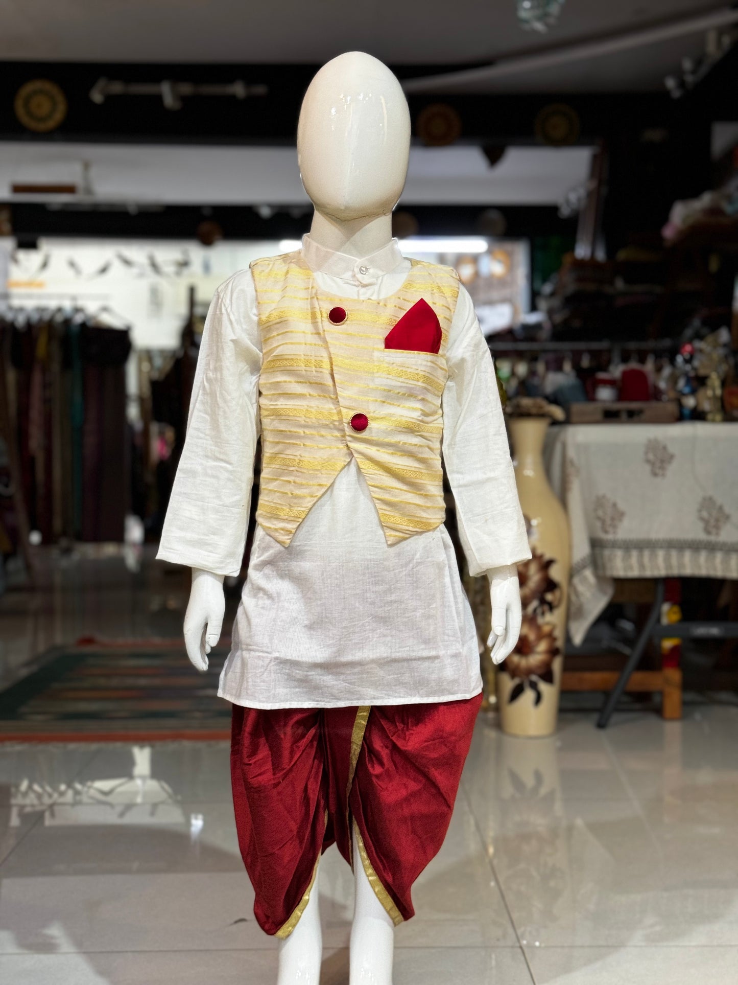 Offwhite kurta, maroon dhoti pants and jacket - 3 piece ethnic set for boys
