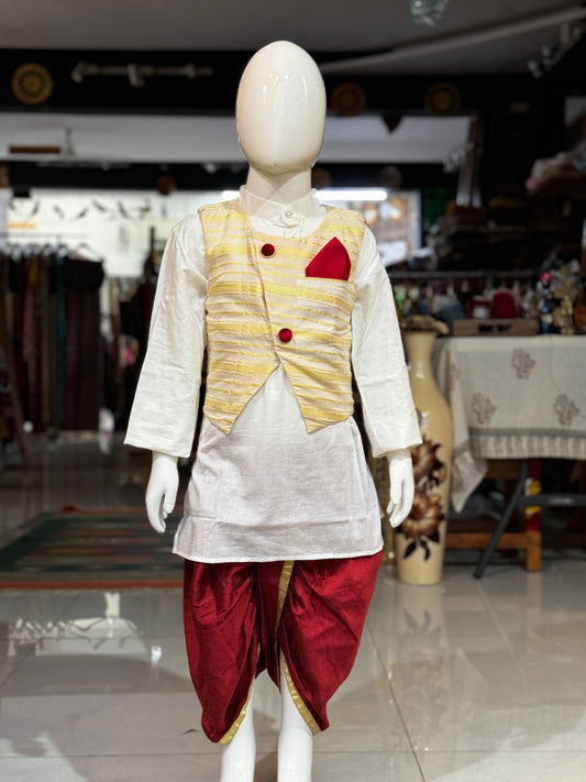 Offwhite kurta, maroon dhoti pants and jacket - 3 piece ethnic set for boys