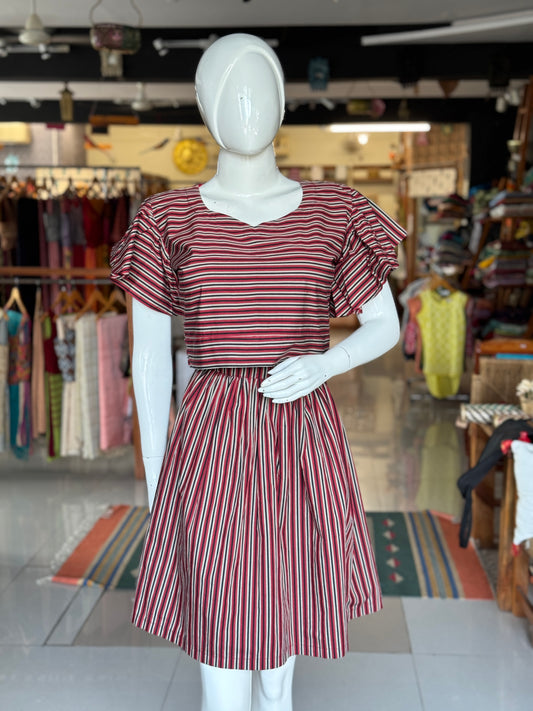 Red and black stripes cotton coord set with umbrella frill sleeves crop top and skirt
