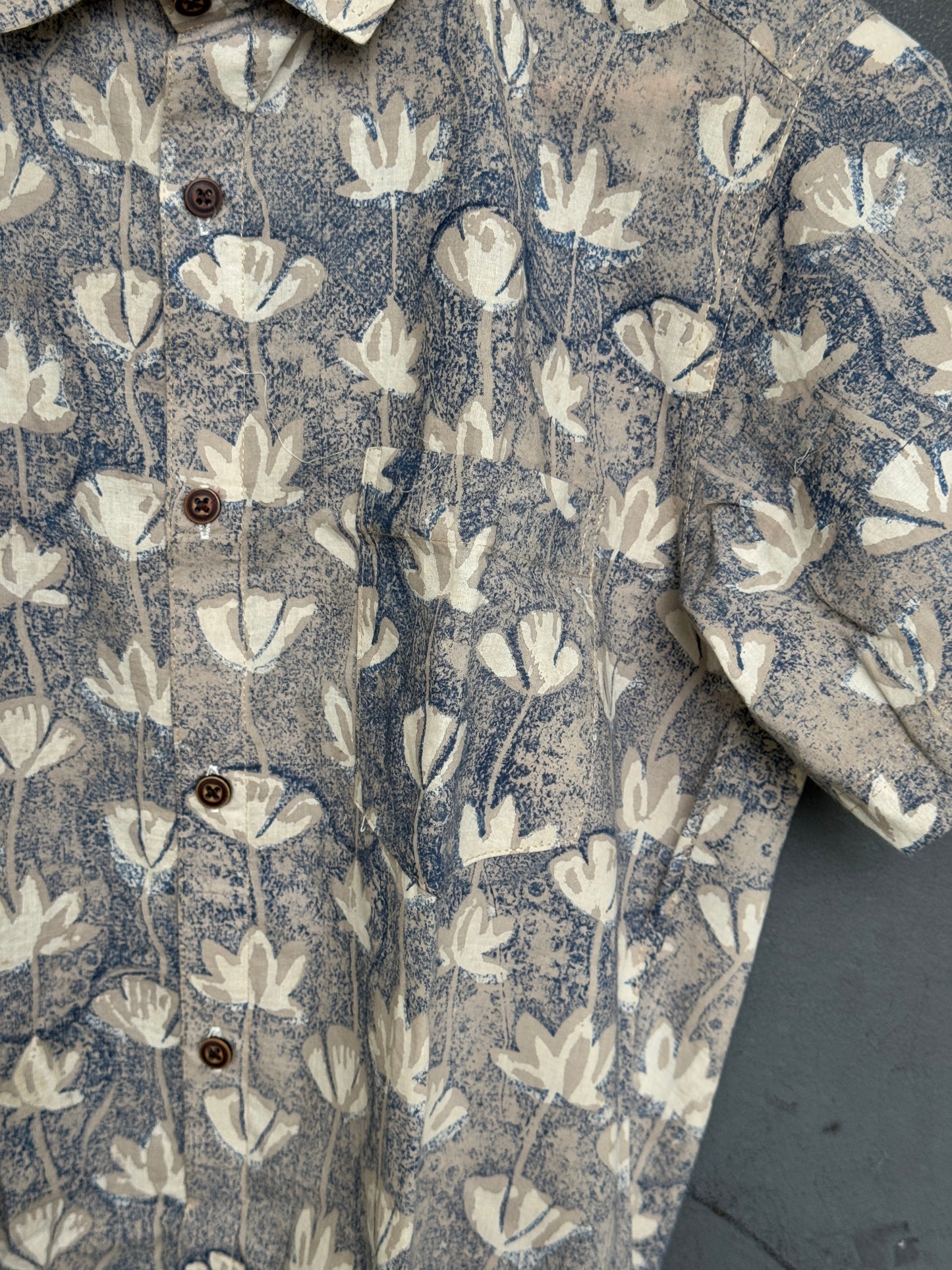 Bluish grey flowers print half sleeves mens hand block printed cotton shirt