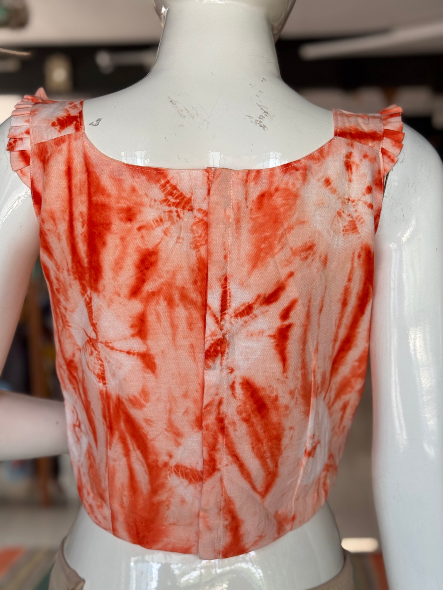 Orange tie n dye cotton back open sleeveless fancy blouse
