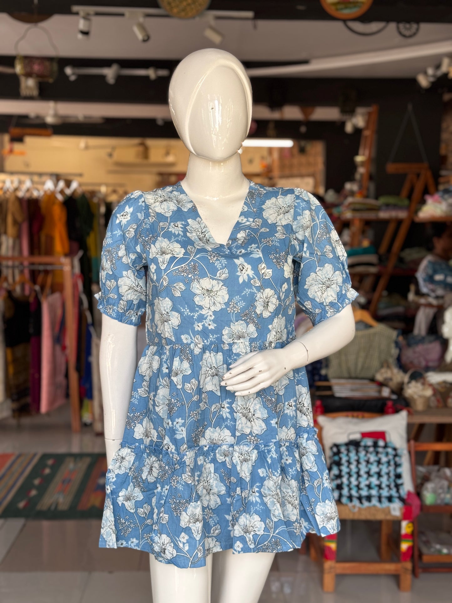 Short printed tiered V neck cotton dress with elastic sleeves