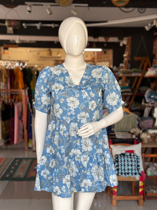 Short printed tiered V neck cotton dress with elastic sleeves