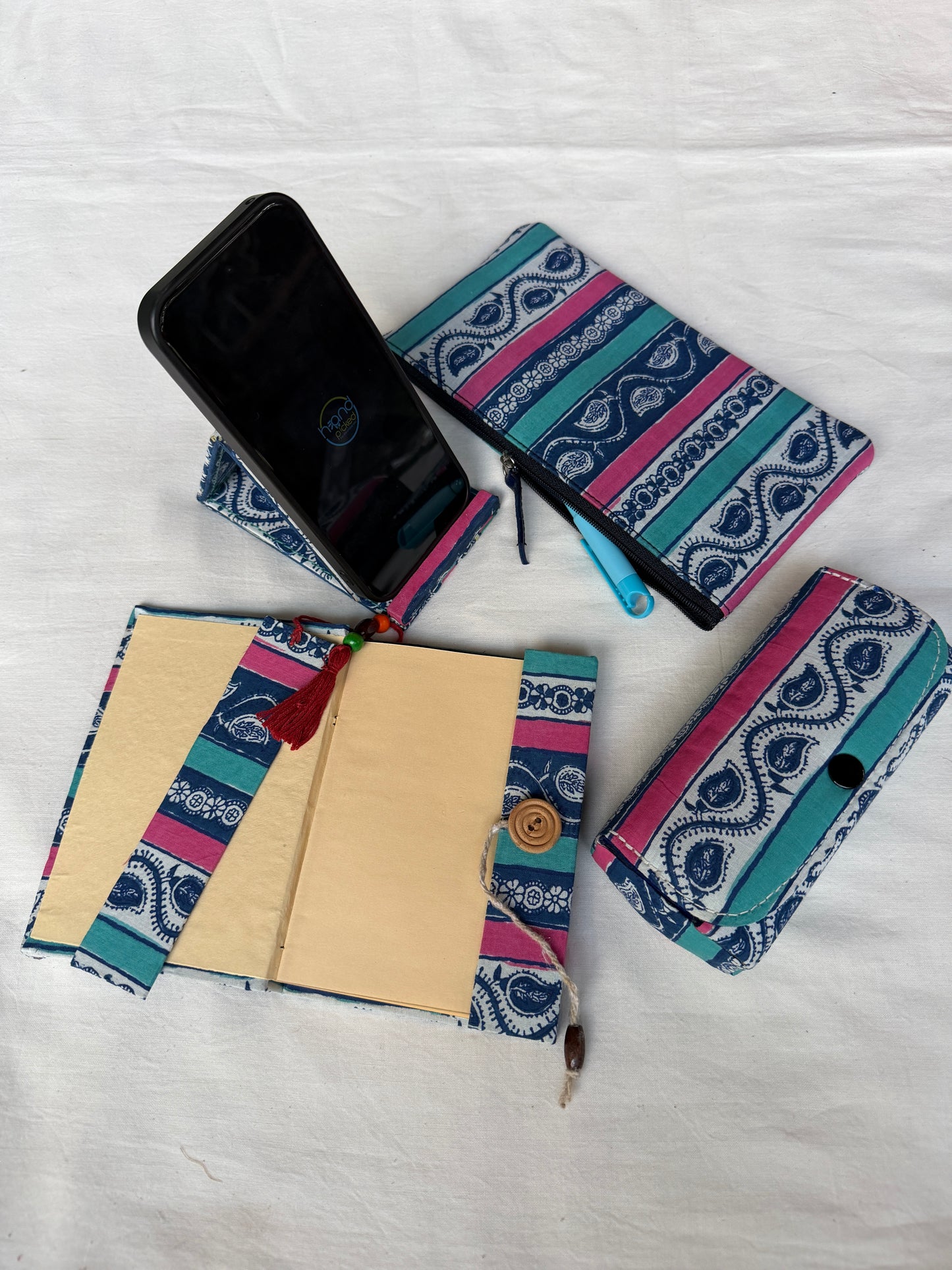 Gift set - small fabric covered notebook, bookmark, mobile phone holder, utility zippered pouch, spects / goggles case - handcrafted 5 piece gift set
