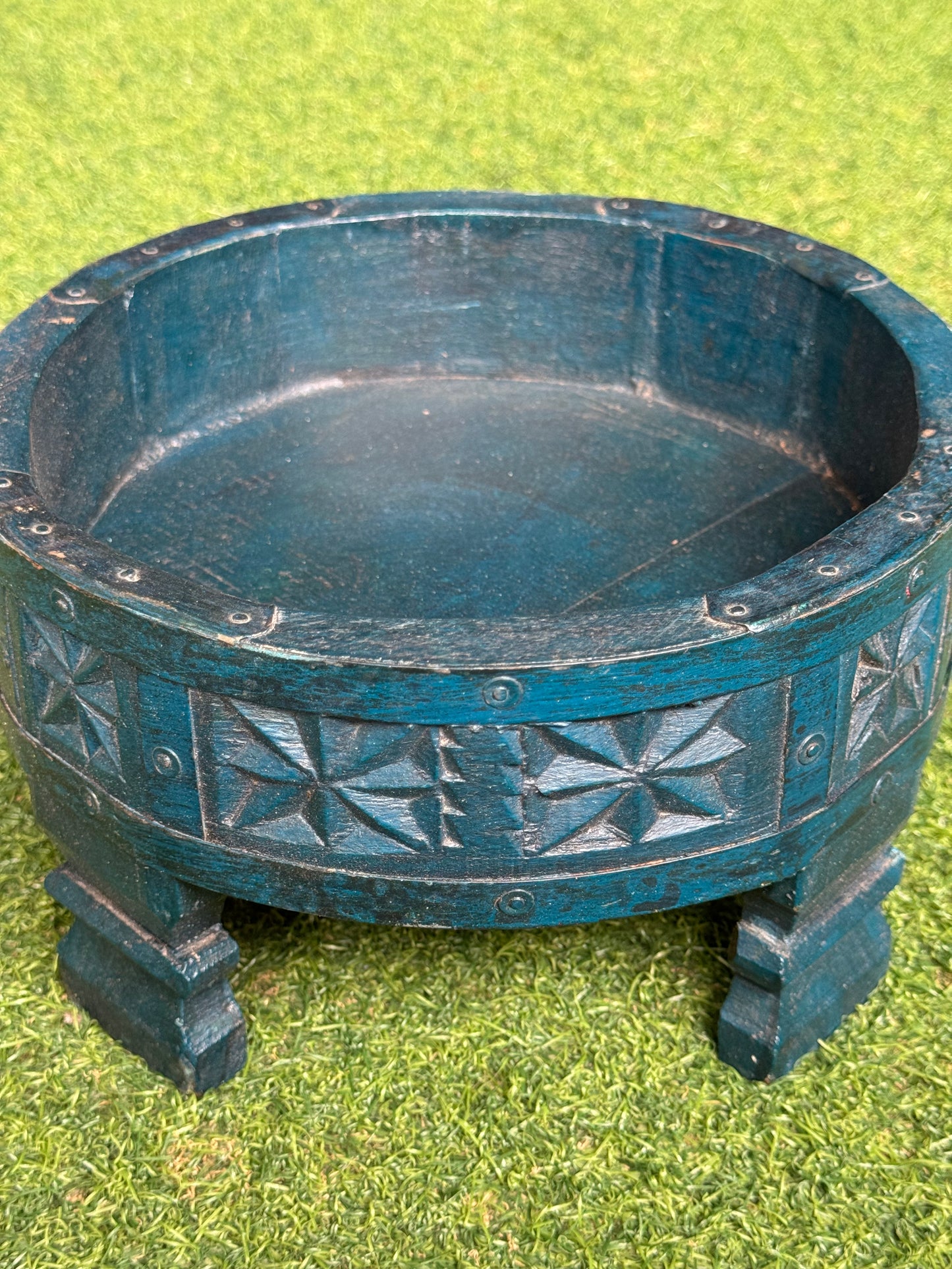 Dark turquoise wooden distress finish round planter /  organizer / riser