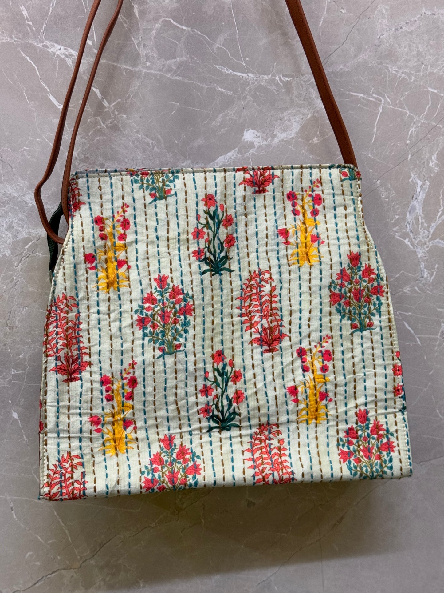 Kantha hand embroidered printed fabric sling bag with adjustable straps