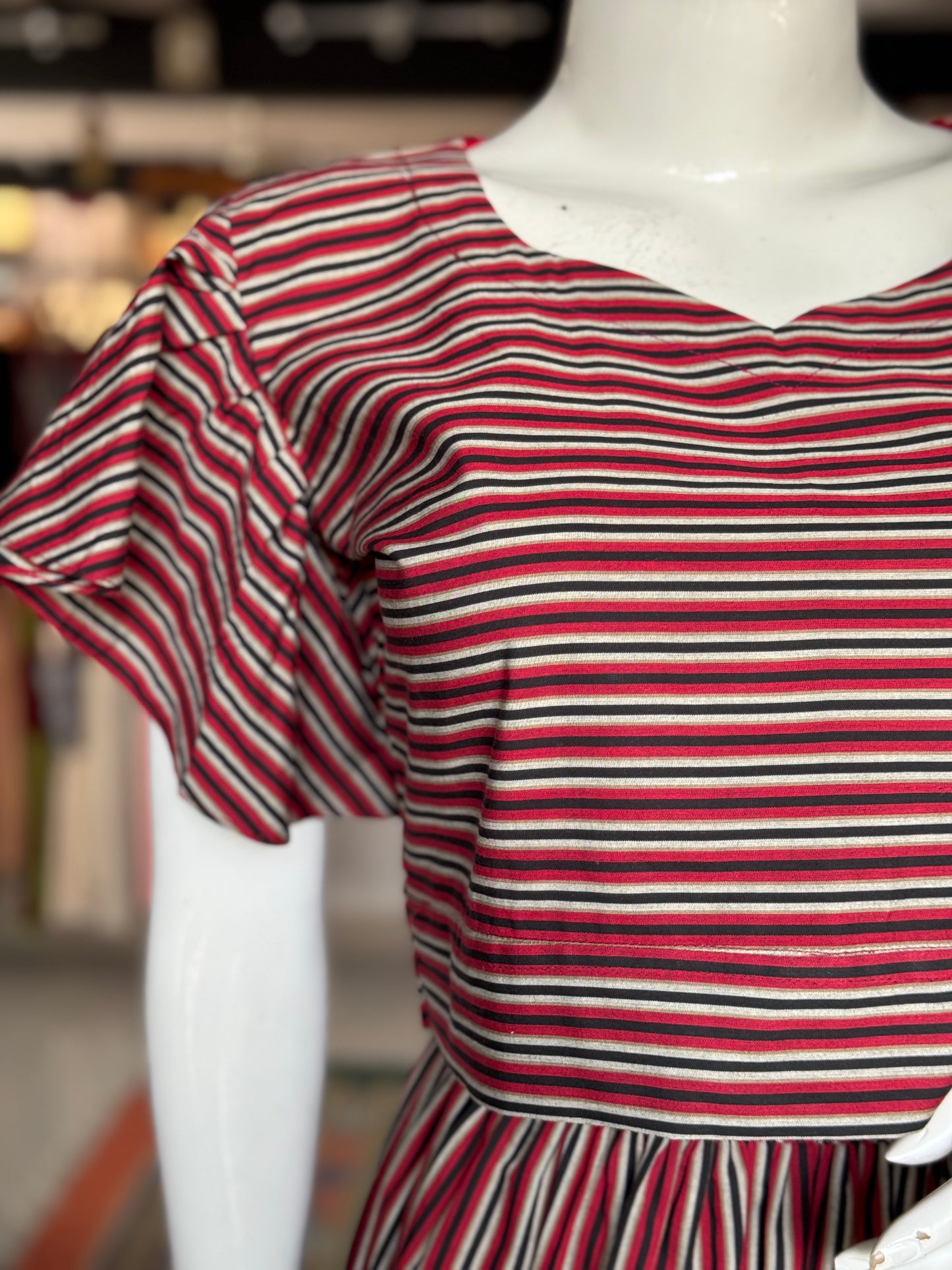 Red and black stripes cotton coord set with umbrella frill sleeves crop top and skirt