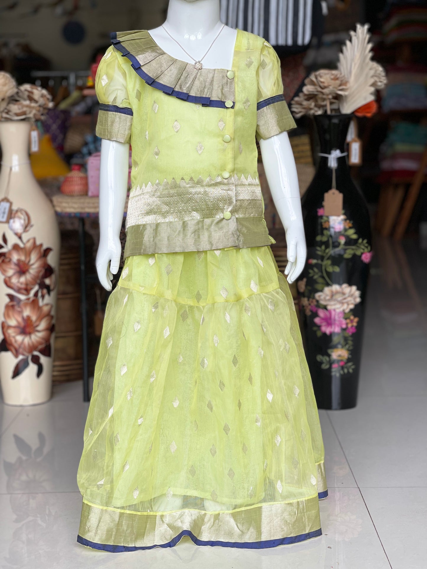 Yellow handwoven Chanderi katan silk lehenga blouse set