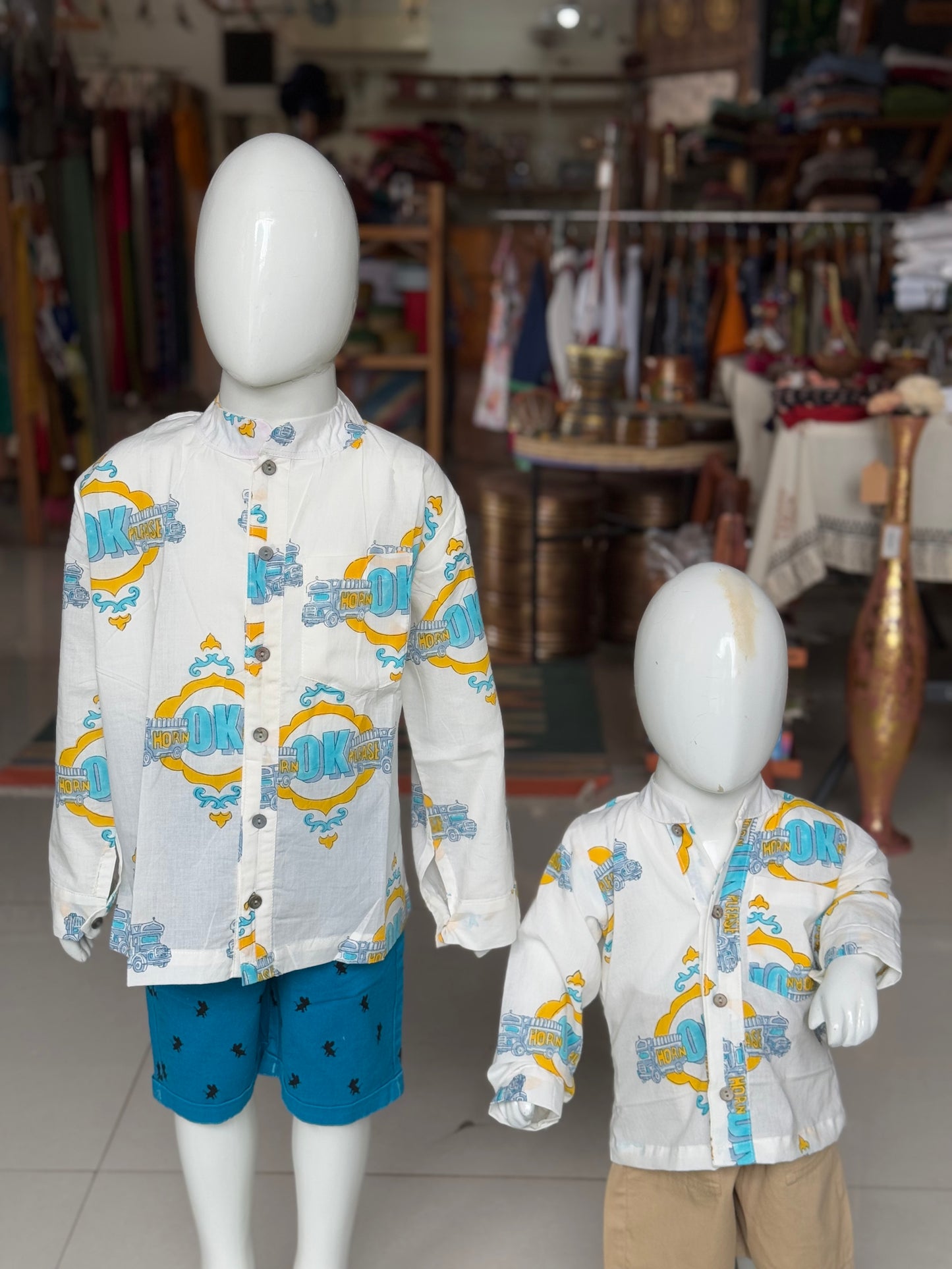 “Horn OK please” quirky hand block print cotton band collared shirt for boys
