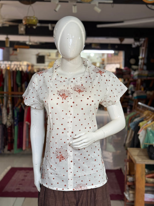 White and brown hand block printed cotton short kurti / top