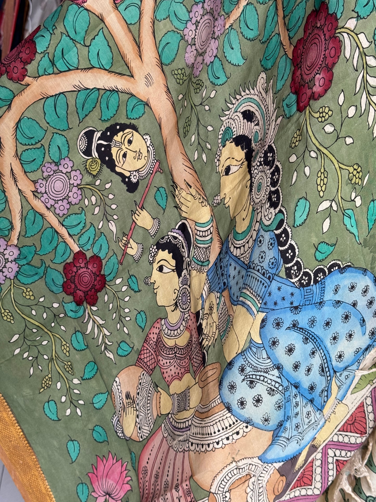 Bangalore Silk hand painted floral pen Kalamkari dupatta