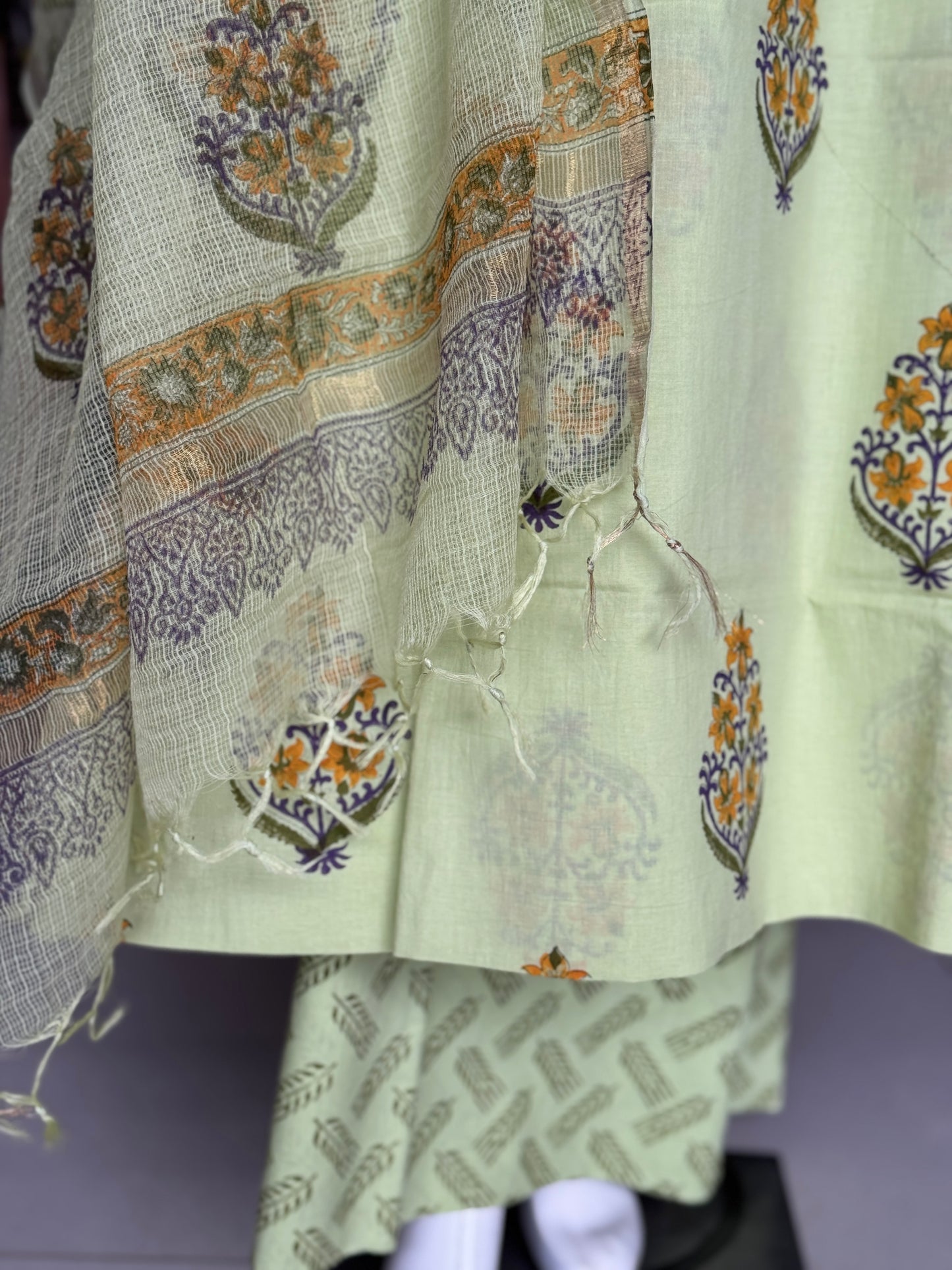 Light n bright green hand block printed cotton 3 piece unstitched suit set with kota doria dupatta