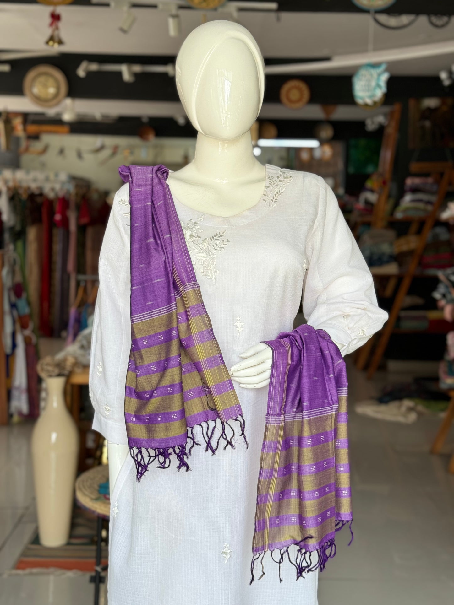 Violet and Olive green cotton handloom ikat stole