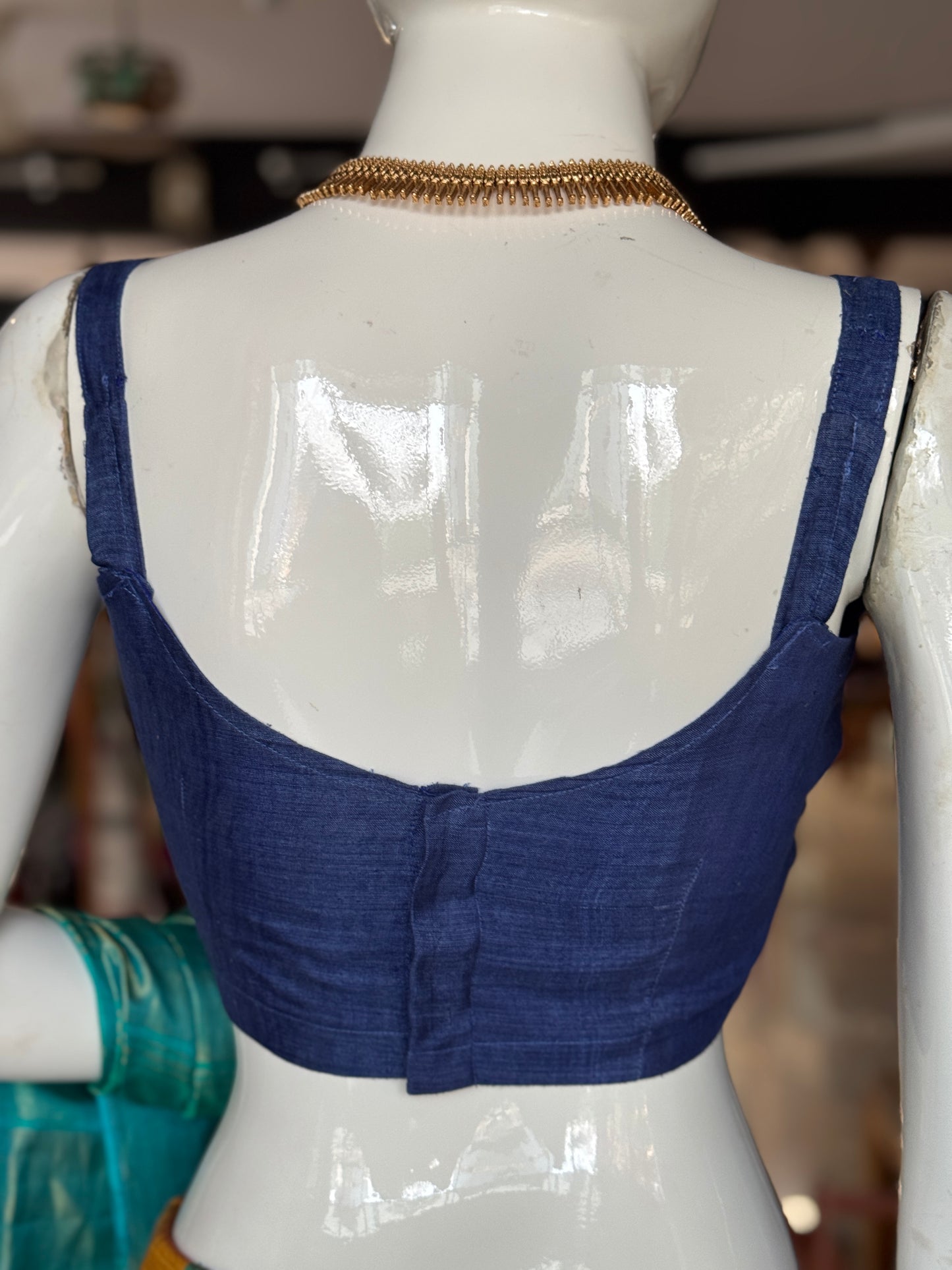 Blue strap sleeves back open silk blouse